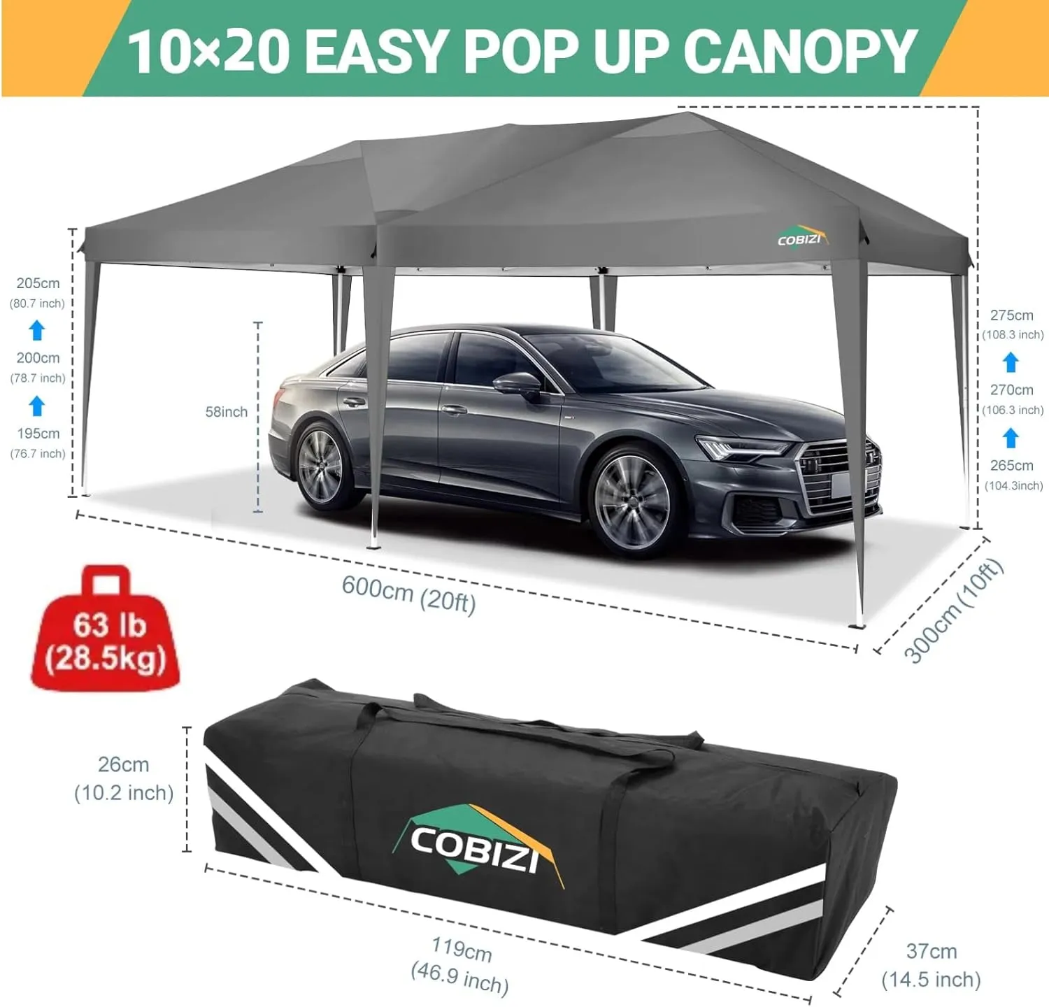 COBIZI Canopy 10x20 Pop Up Canopy Tent with 6 Sidewalls Easy Pop Up Tent 10x20 Waterproof Commercial Instant Shelter UPF 50  Portable Gazebo Wedding Tents for Parties Carport Vender Events