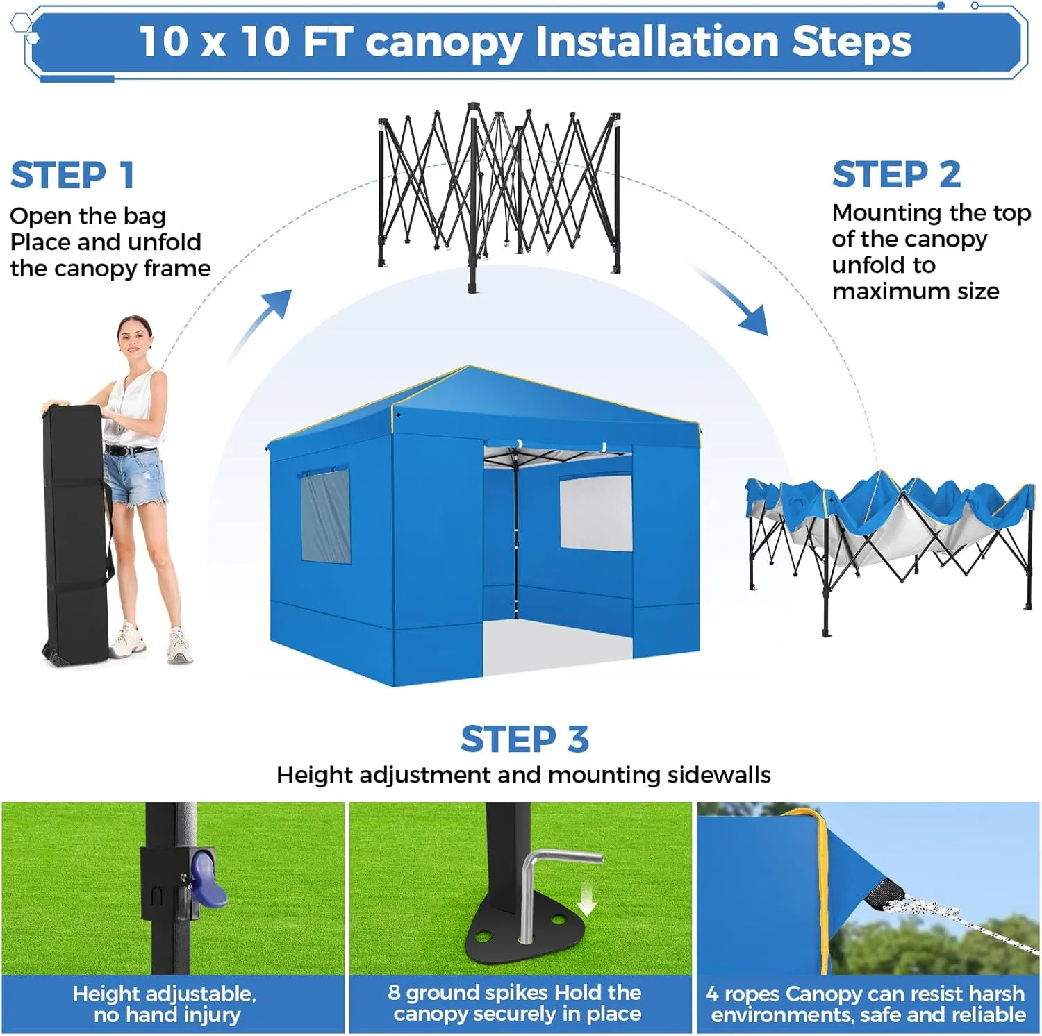 COBIZI Canopy Tent, 10x10 Pop Up Canopy Tent with Sidewalls and Roll-up Ventilated Windows with Mosquito net, Ez Outdoor Commercial Instant Gazebo Tent for Party Waterproof with Carrybag