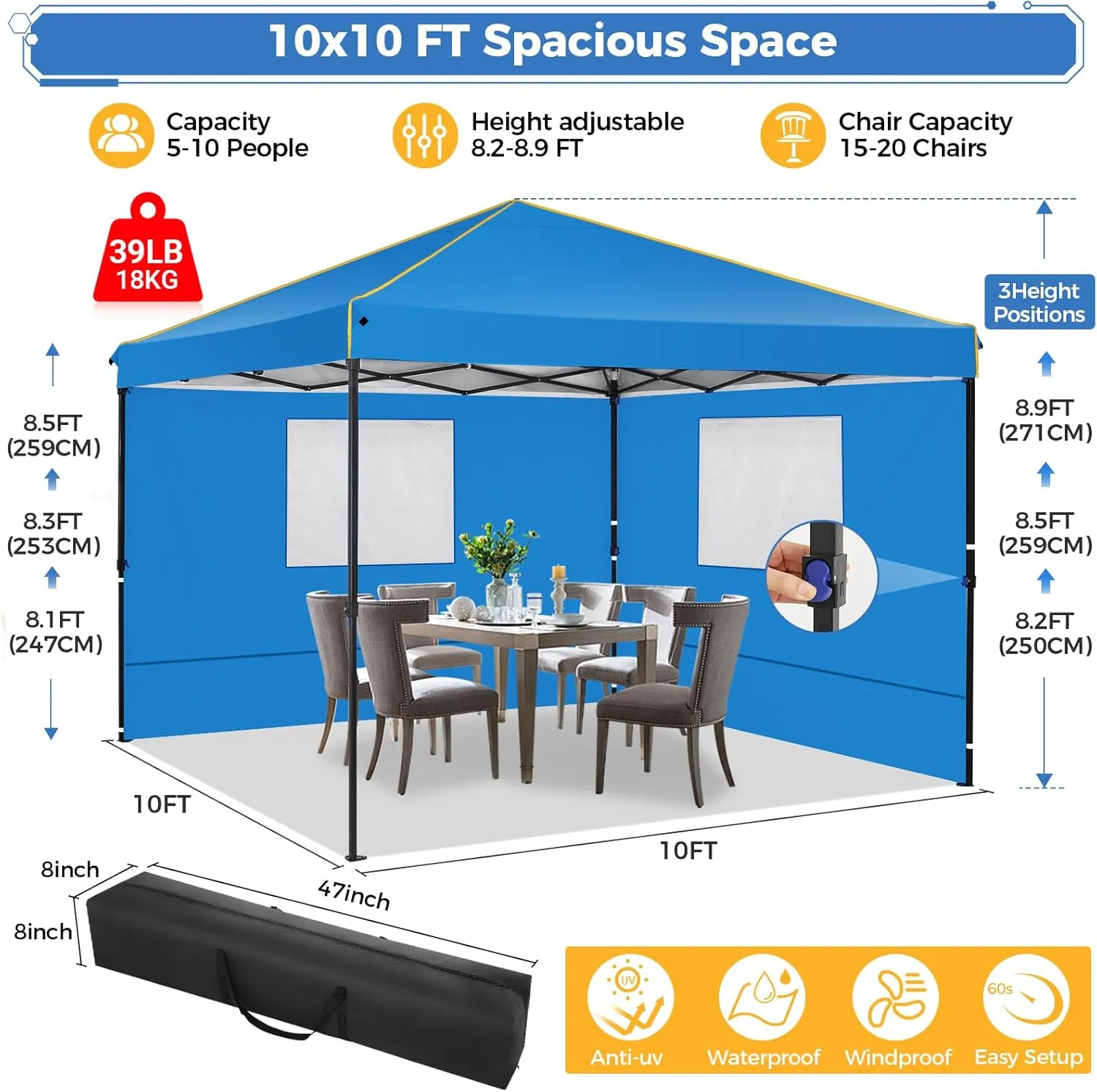COBIZI Canopy Tent, 10x10 Pop Up Canopy Tent with Sidewalls and Roll-up Ventilated Windows with Mosquito net, Ez Outdoor Commercial Instant Gazebo Tent for Party Waterproof with Carrybag