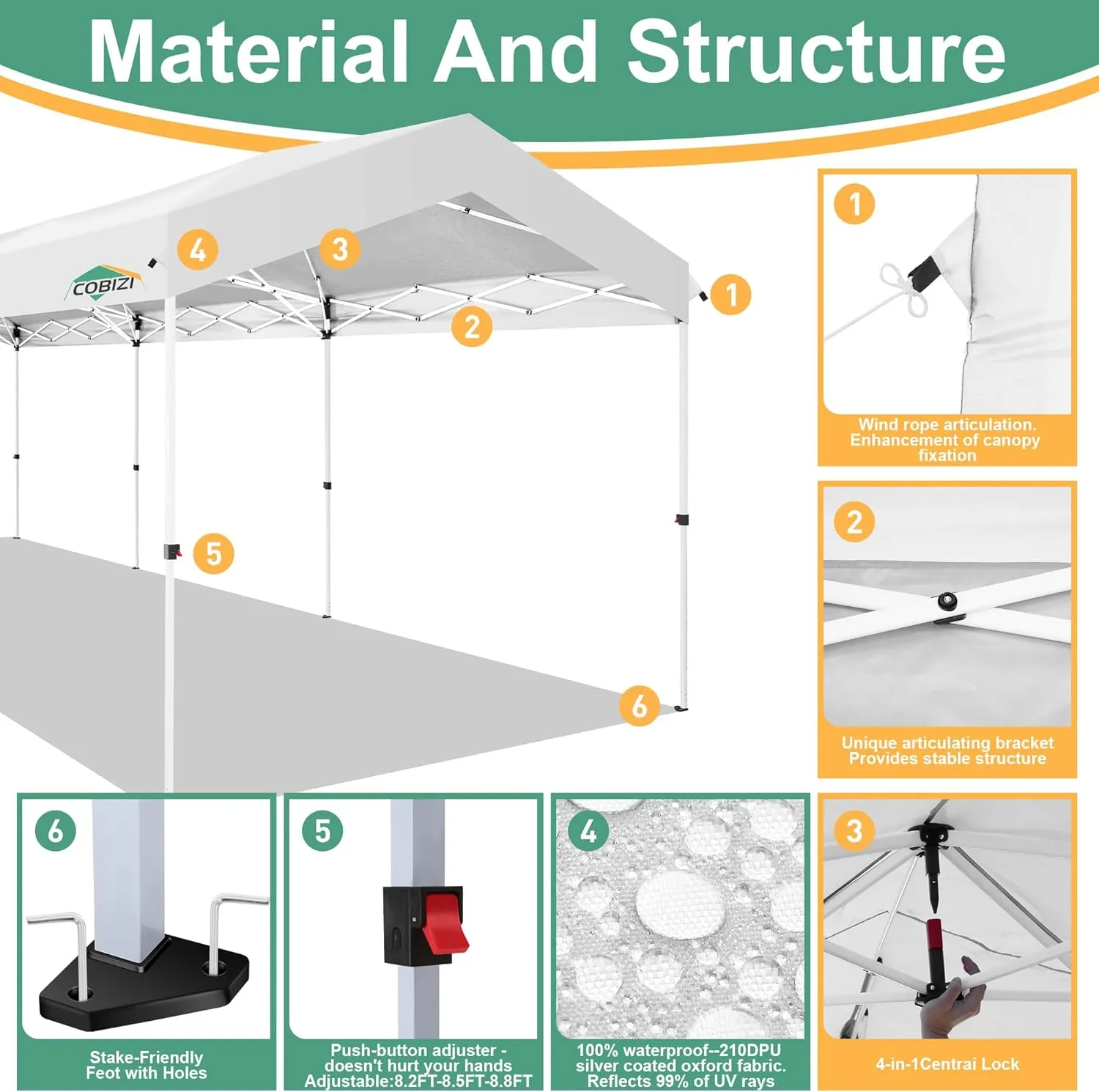 COBIZI Carport 10x30 Pop Up Canopy Car Tent with One Push Center Lock, Outdoor Portable Garage Tents for Parties UPF50  Waterproof All-Season Car Canopy with Wheeled Bag,3 Sidewalls, Adjustable Height