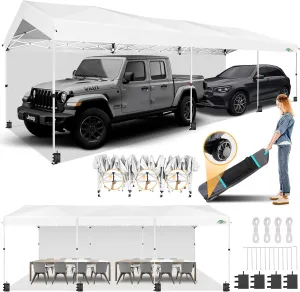 COBIZI Carport 10x30 Pop Up Canopy Car Tent with One Push Center Lock, Outdoor Portable Garage Tents for Parties UPF50  Waterproof All-Season Car Canopy with Wheeled Bag,3 Sidewalls, Adjustable Height