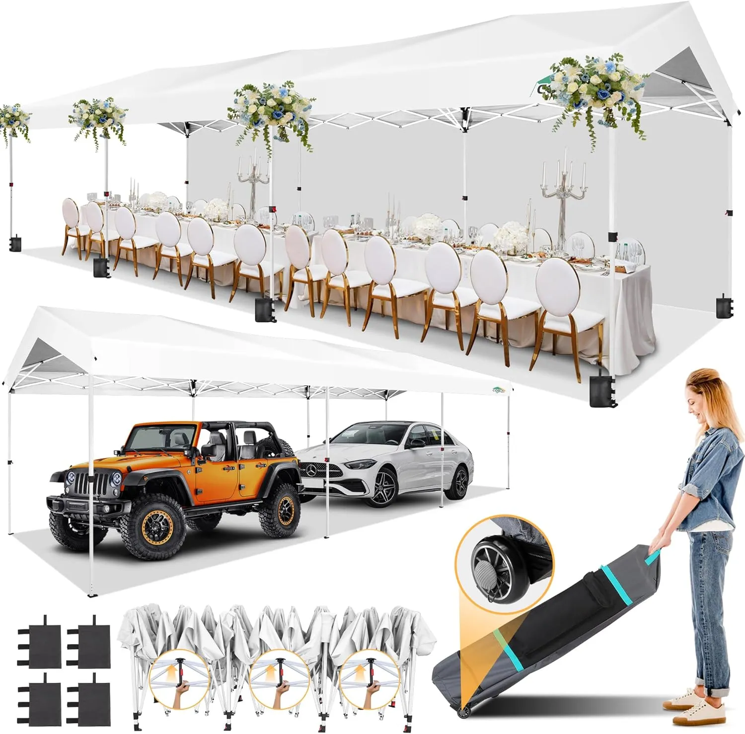 COBIZI Carport 10x30 Pop Up Canopy Car Tent with One Push Center Lock, Outdoor Portable Garage Tents for Parties UPF50  Waterproof All-Season Car Canopy with Wheeled Bag,3 Sidewalls, Adjustable Height