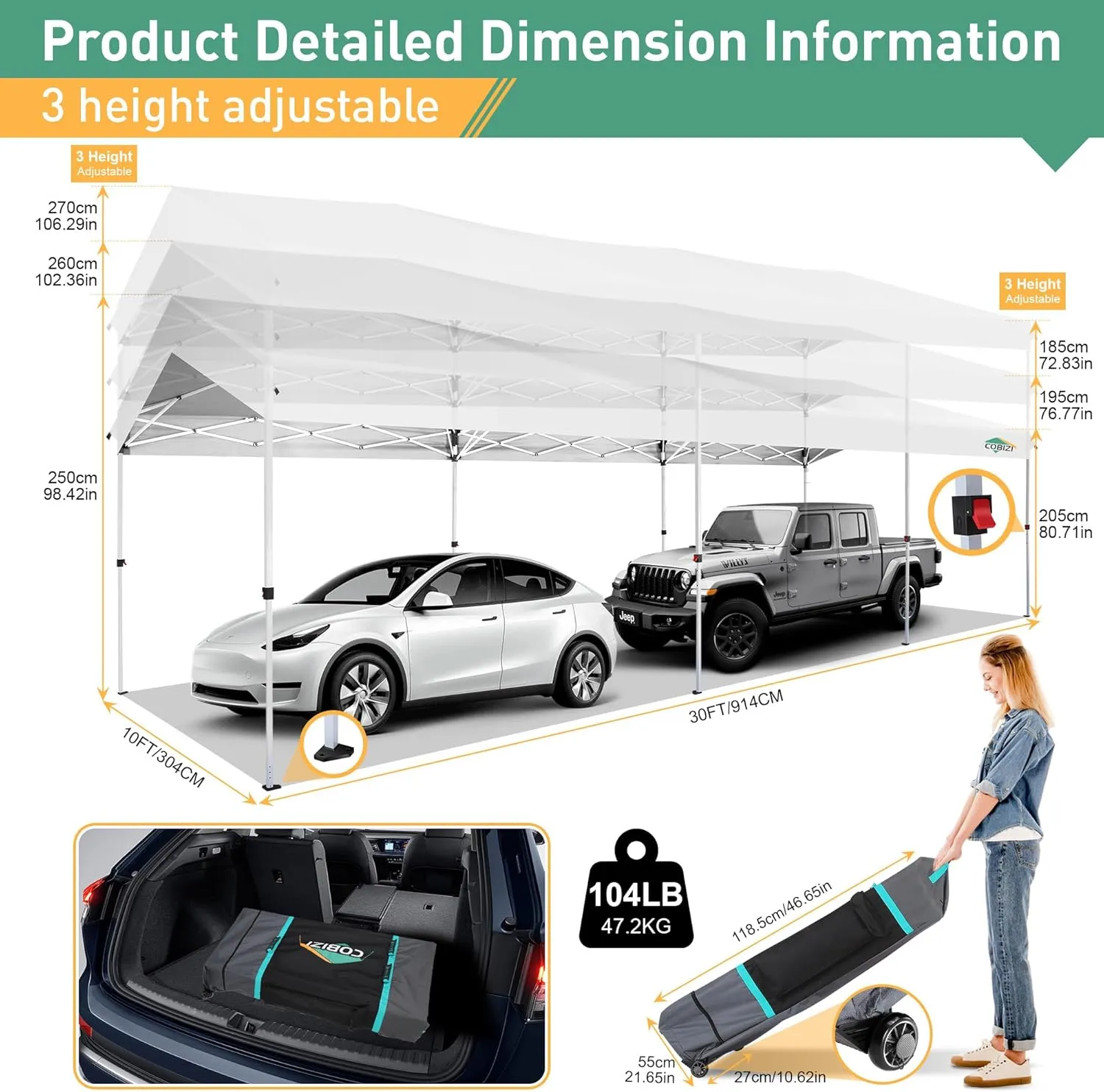 COBIZI Carport 10x30 Pop Up Canopy Car Tent with One Push Center Lock, Outdoor Portable Garage Tents for Parties UPF50  Waterproof All-Season Car Canopy with Wheeled Bag,3 Sidewalls, Adjustable Height