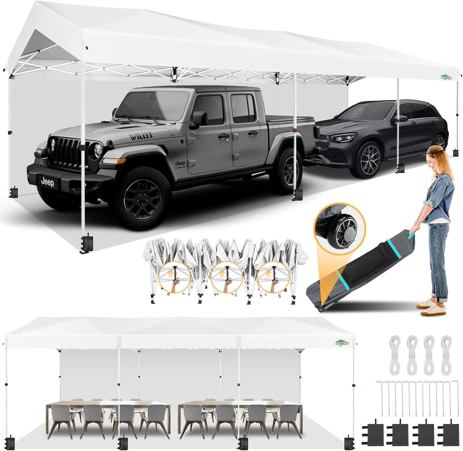 COBIZI Carport 10x30 Pop Up Canopy Car Tent with One Push Center Lock, Outdoor Portable Garage Tents for Parties UPF50  Waterproof All-Season Car Canopy with Wheeled Bag,3 Sidewalls, Adjustable Height