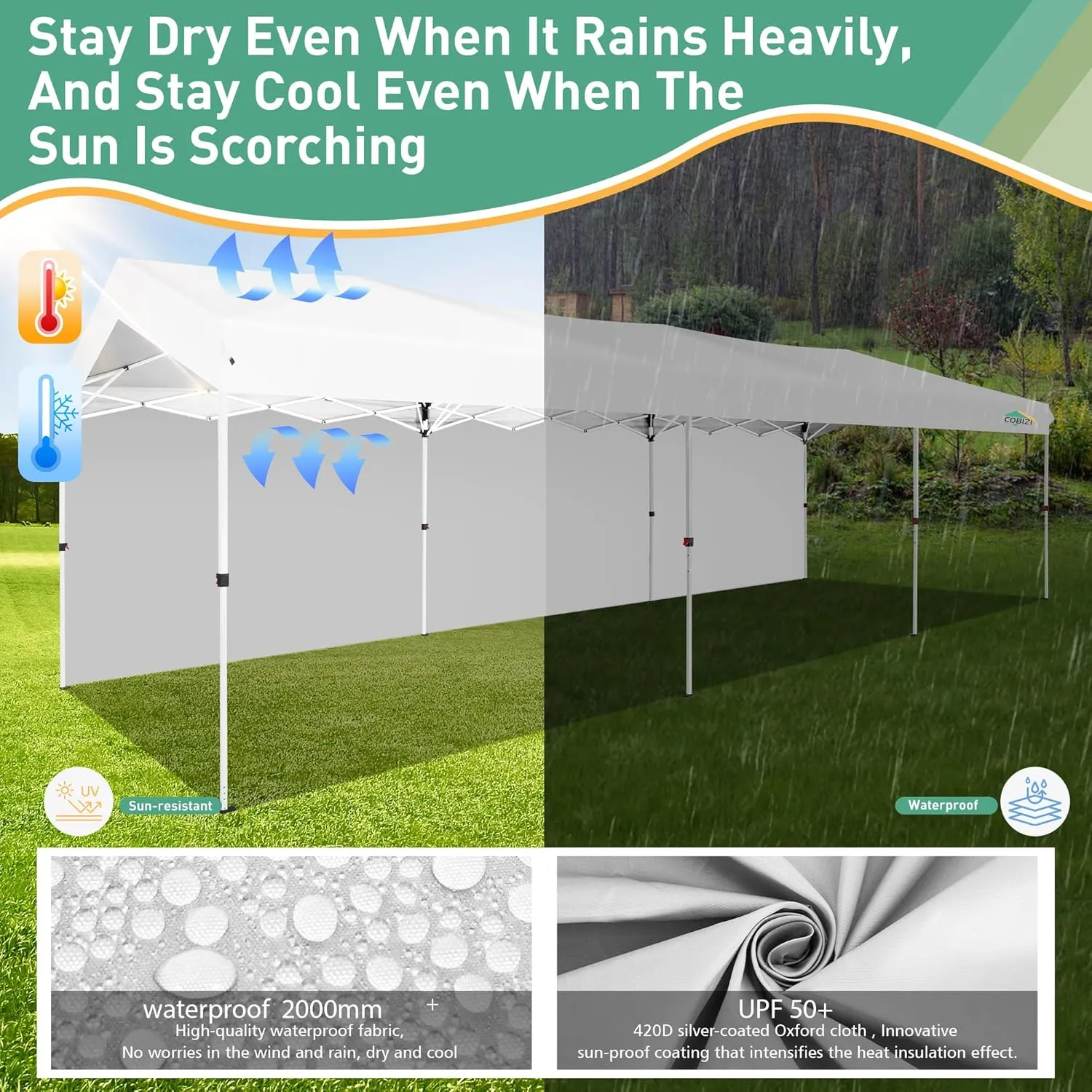 COBIZI Carport 10x30 Pop Up Canopy Car Tent with One Push Center Lock, Outdoor Portable Garage Tents for Parties UPF50  Waterproof All-Season Car Canopy with Wheeled Bag,3 Sidewalls, Adjustable Height