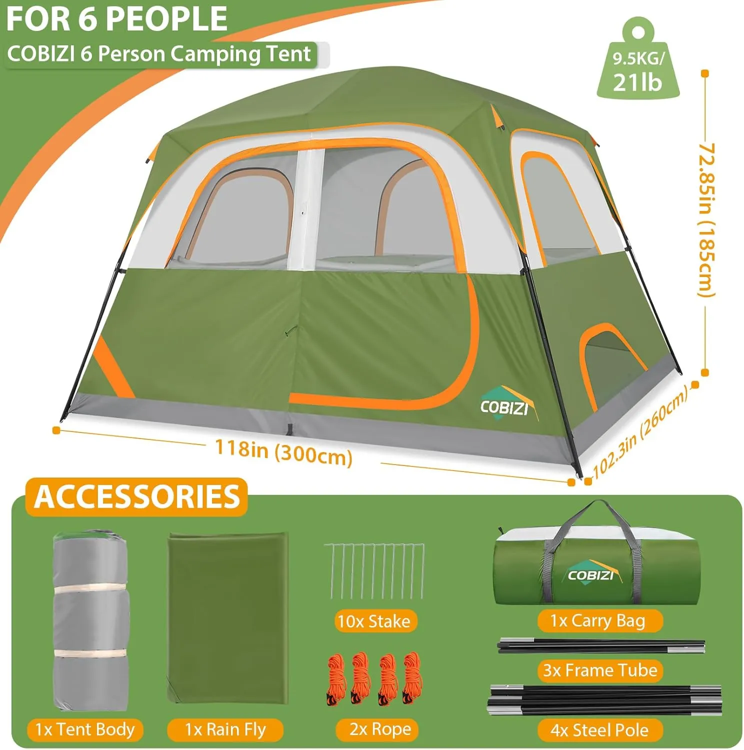 COBIZI Tents for Camping 4/6 Person Camping Tent with Rainfly and Screen, Easy Setup Lightweight Portable Waterproof Outdoor Tent with Carry Bag for Backpacking, Hiking, Family Travel