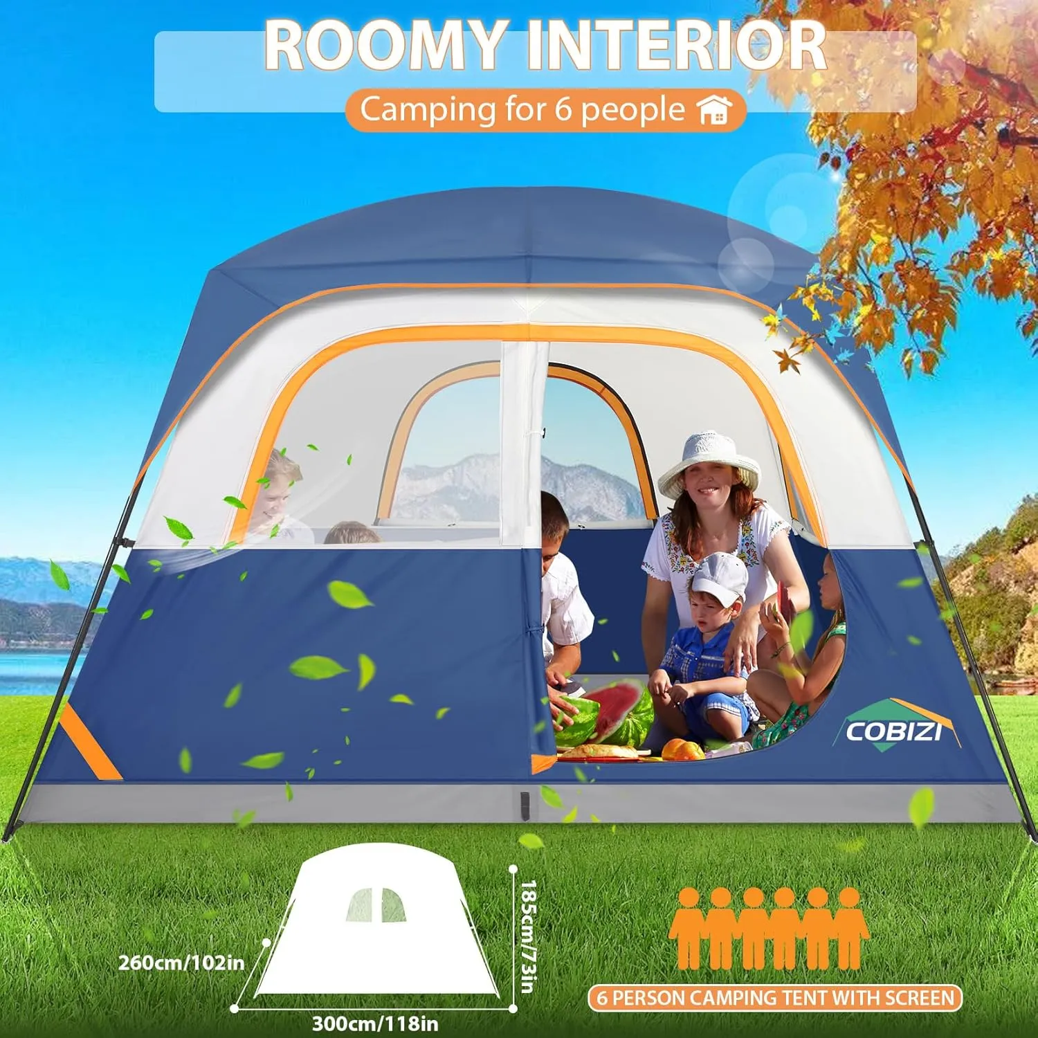 COBIZI Tents for Camping 4/6 Person Camping Tent with Rainfly and Screen, Easy Setup Lightweight Portable Waterproof Outdoor Tent with Carry Bag for Backpacking, Hiking, Family Travel