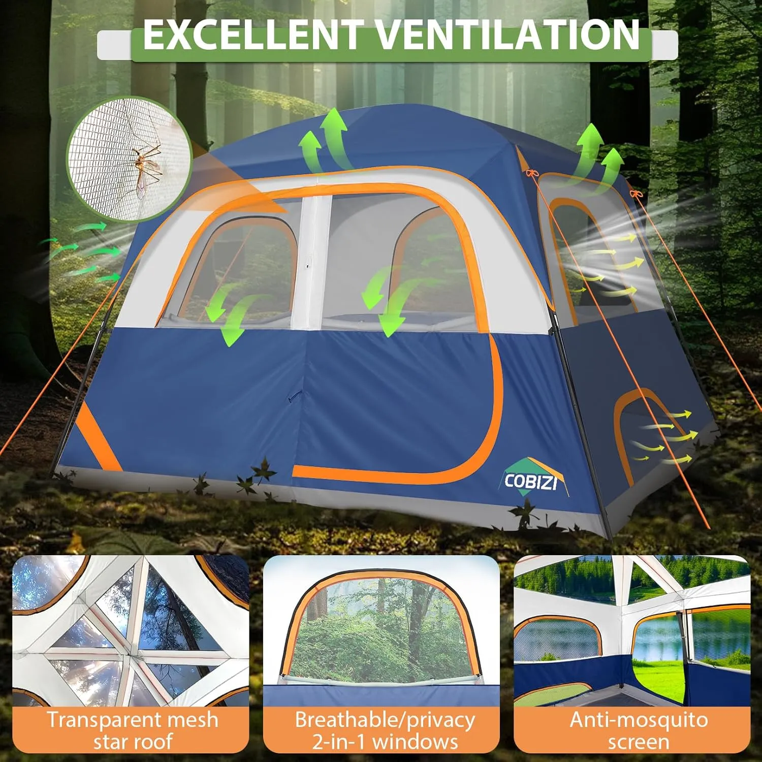 COBIZI Tents for Camping 4/6 Person Camping Tent with Rainfly and Screen, Easy Setup Lightweight Portable Waterproof Outdoor Tent with Carry Bag for Backpacking, Hiking, Family Travel