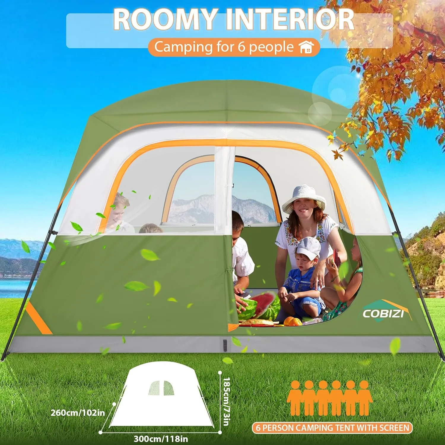 COBIZI Tents for Camping 4/6 Person Camping Tent with Rainfly and Screen, Easy Setup Lightweight Portable Waterproof Outdoor Tent with Carry Bag for Backpacking, Hiking, Family Travel