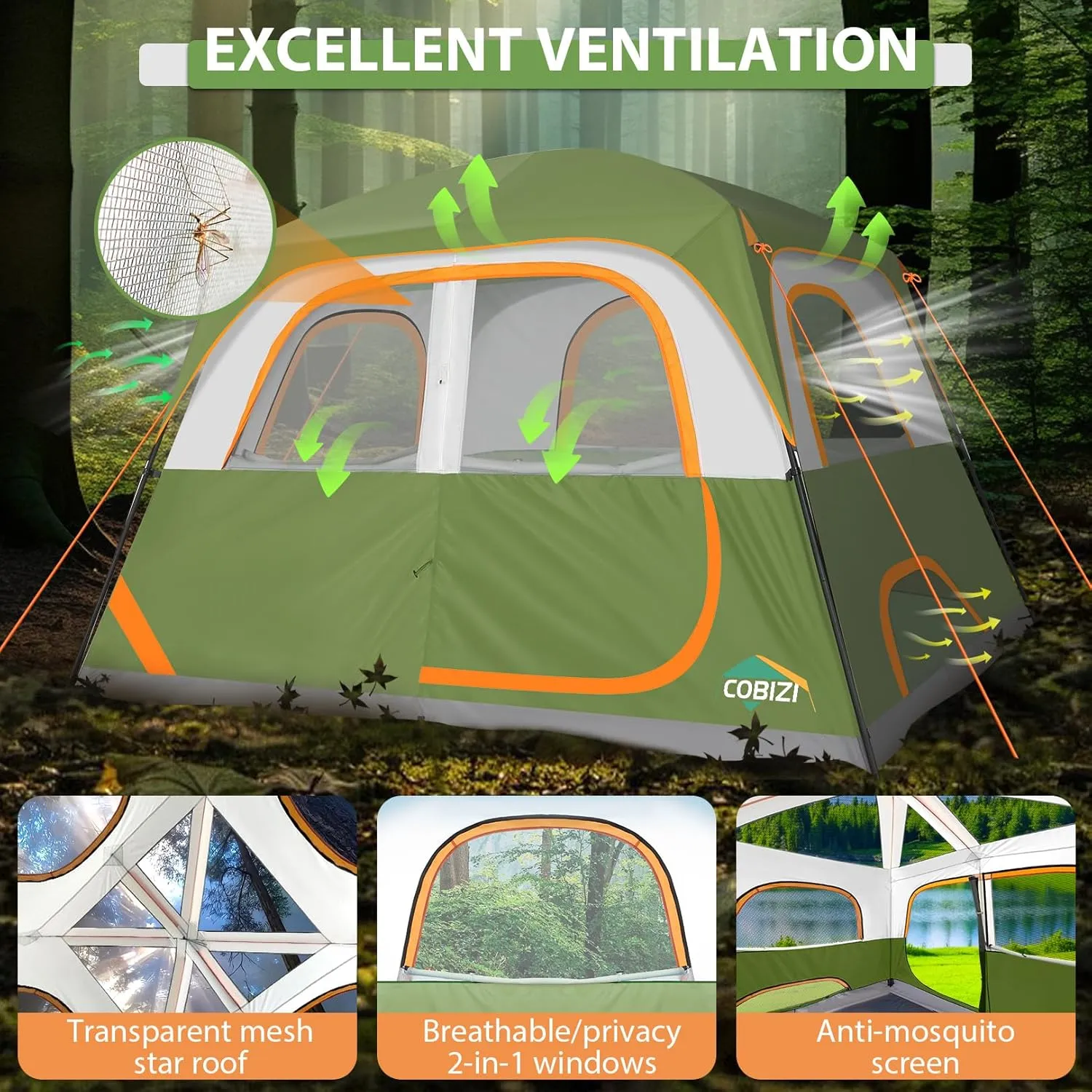 COBIZI Tents for Camping 4/6 Person Camping Tent with Rainfly and Screen, Easy Setup Lightweight Portable Waterproof Outdoor Tent with Carry Bag for Backpacking, Hiking, Family Travel