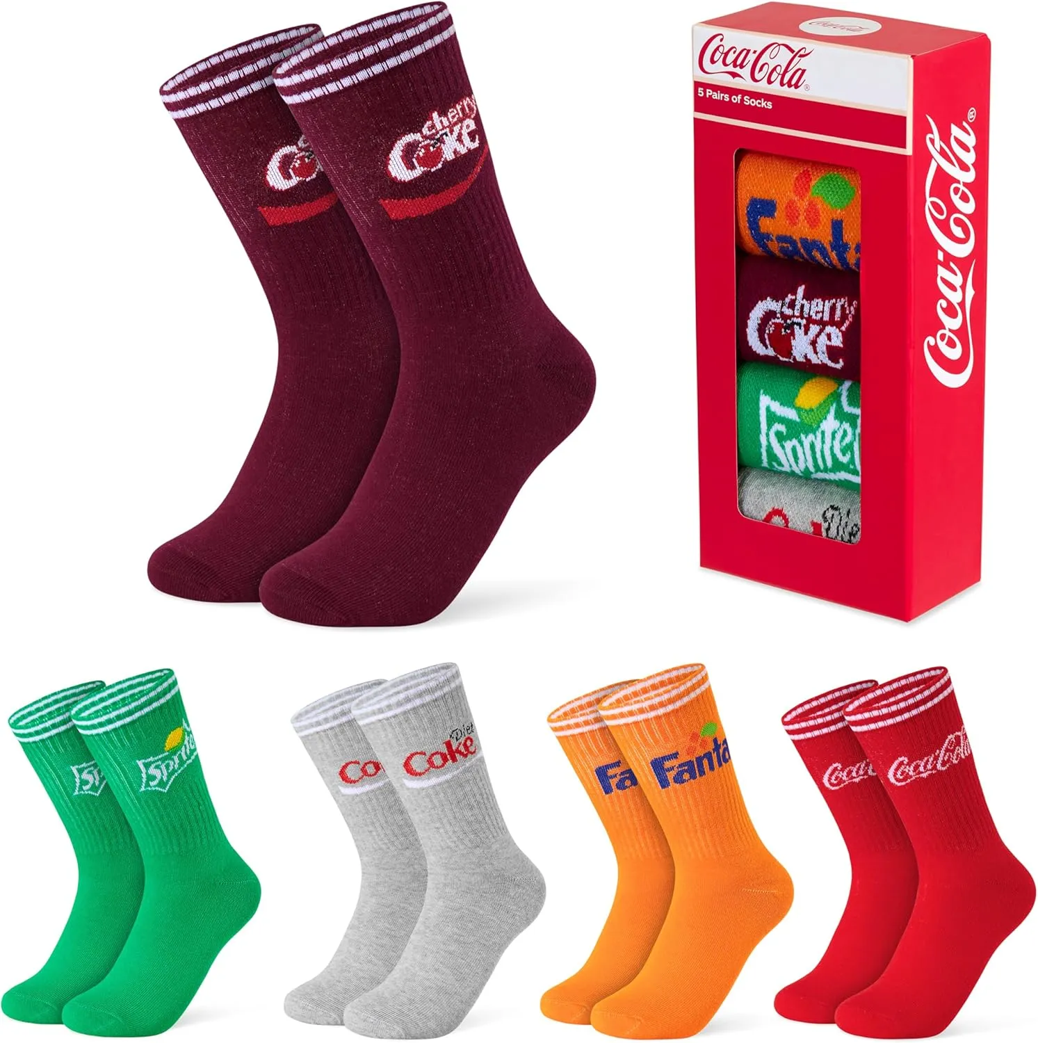 Coca-Cola Calf Length Socks for Adults Teenagers - Pack of 5 Soft Breathable Funny Crew Socks Size 5-13 - Fun Gifts (Multicolour, 5/9)