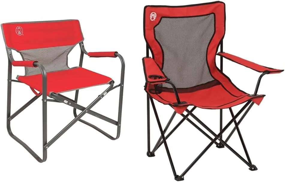 Coleman Outpost Breeze Steel Deck Chair & Broadband Mesh Quad Camping Chair Bundle, 300 & 250 lb Capacity