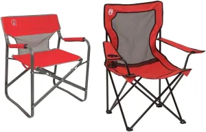 Coleman Outpost Breeze Steel Deck Chair & Broadband Mesh Quad Camping Chair Bundle, 300 & 250 lb Capacity