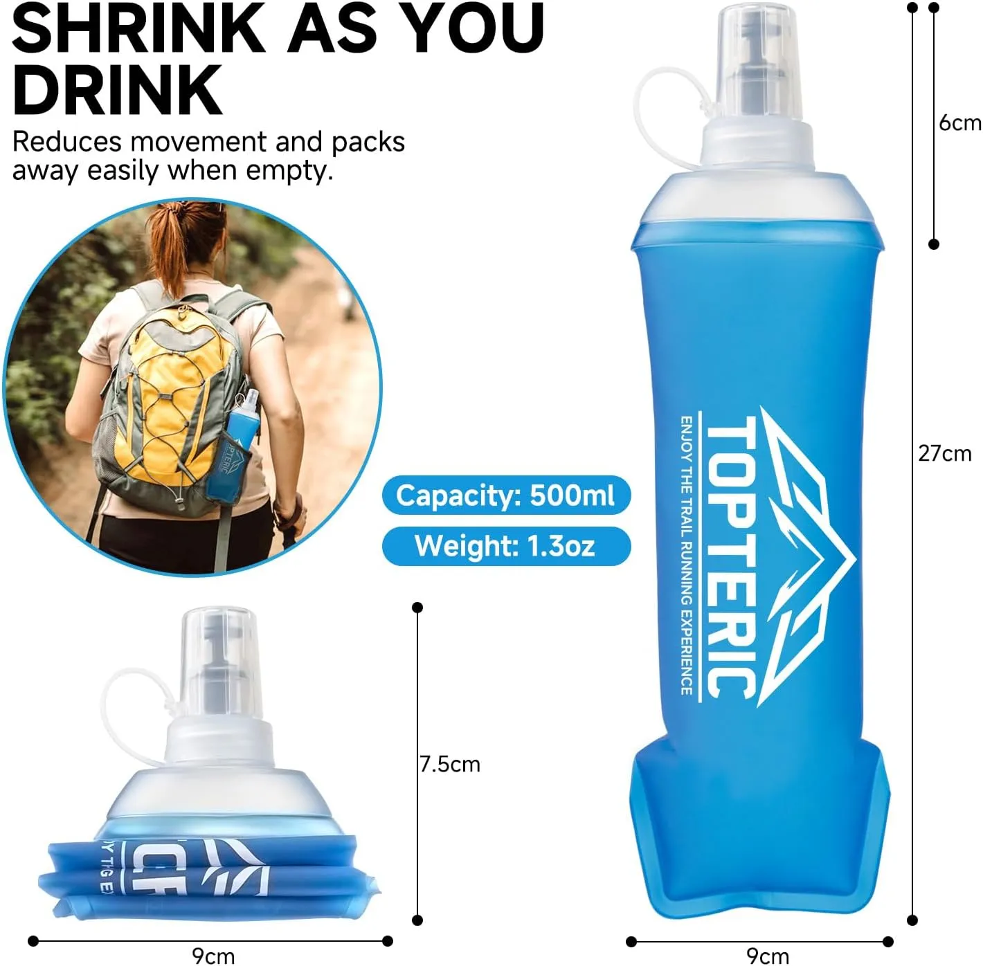 Collapsible Soft Flask Water Bottle, TPU Soft Folding Flexible Water Bottles for Hydration Pack/Running Vest, BPA/PVC Free, Ideal for Running Hiking Cycling Climbing (500ml-2 Pack)