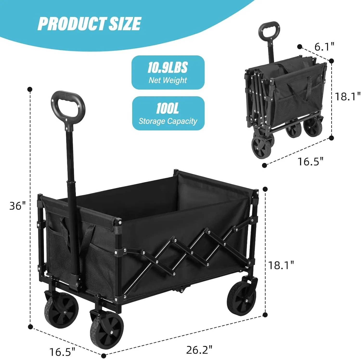 Collapsible Wagon Cart Foldable, 100L Portable Folding Wagon Cart with Wheels, Outdoor Lightweight Utility Carts with 350lbs Weight Capacity for Beach Grocery Camping Shopping, Black