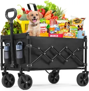 Collapsible Wagon Cart Foldable, 100L Portable Folding Wagon Cart with Wheels, Outdoor Lightweight Utility Carts with 350lbs Weight Capacity for Beach Grocery Camping Shopping, Black