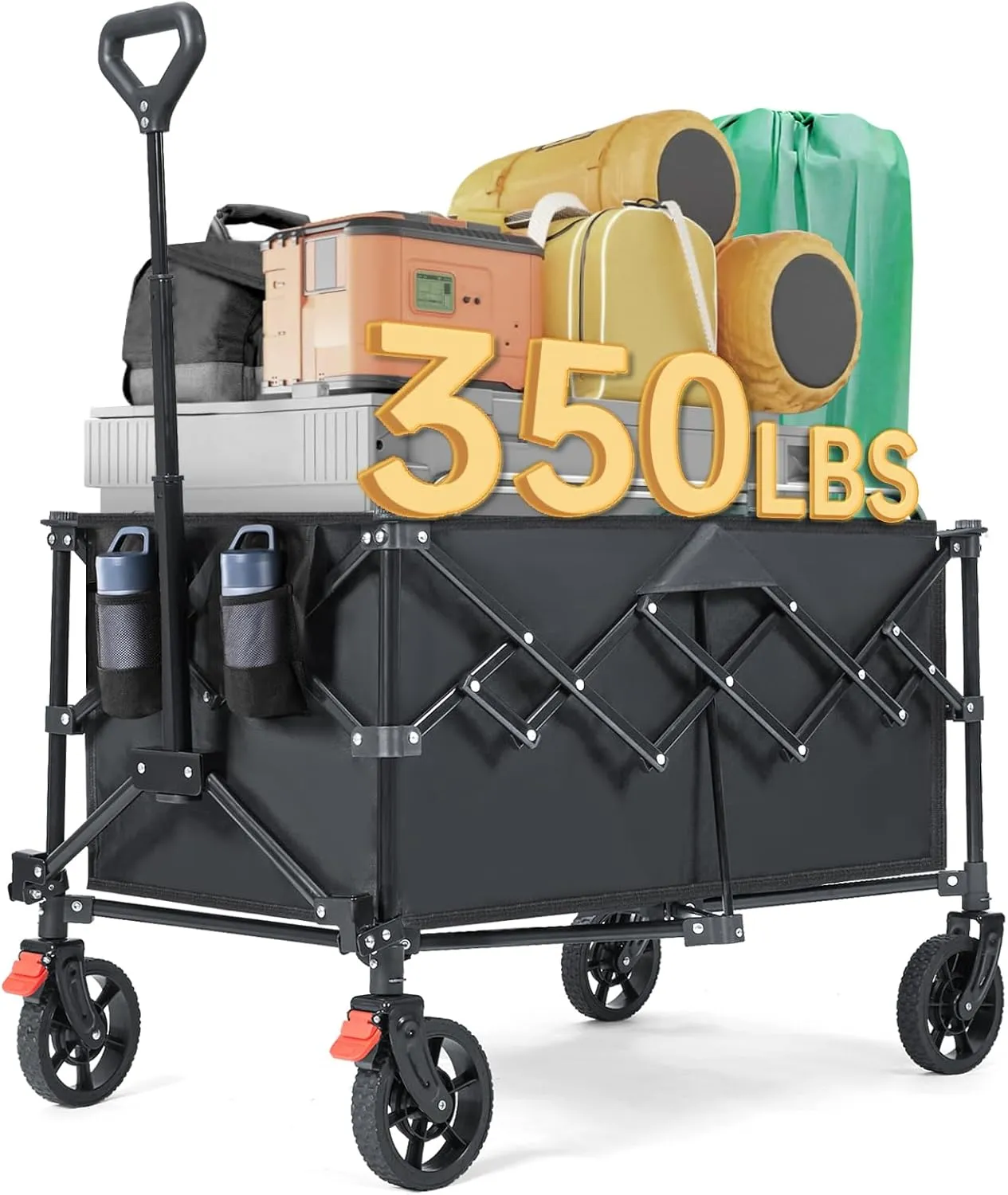 Collapsible Wagon Cart Foldable, 220L Extra Large Heavy Duty Utility Wagons with 350lbs Weight Capacity, Portable Large Capacity Garden Cart for Camping Beach Grocery Shopping, Black