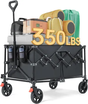 Collapsible Wagon Cart Foldable, 220L Extra Large Heavy Duty Utility Wagons with 350lbs Weight Capacity, Portable Large Capacity Garden Cart for Camping Beach Grocery Shopping, Black