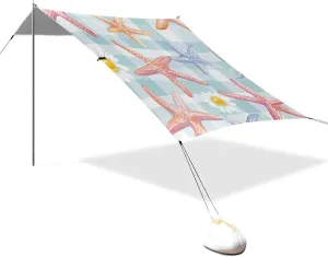 Colorful Starfish Buffalo Plaid Daisy Egg Easter Designed UPF50  Protection Foldable Beach Cabana Waterproof Sun Shade with Sturdy Poles, Sandbags and Shovel for Camping, Picnics, Backyard