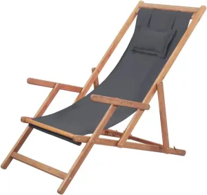 Comfortable Folding Beach Chair with Wooden Frame, Adjustable Recline, Gray Fabric