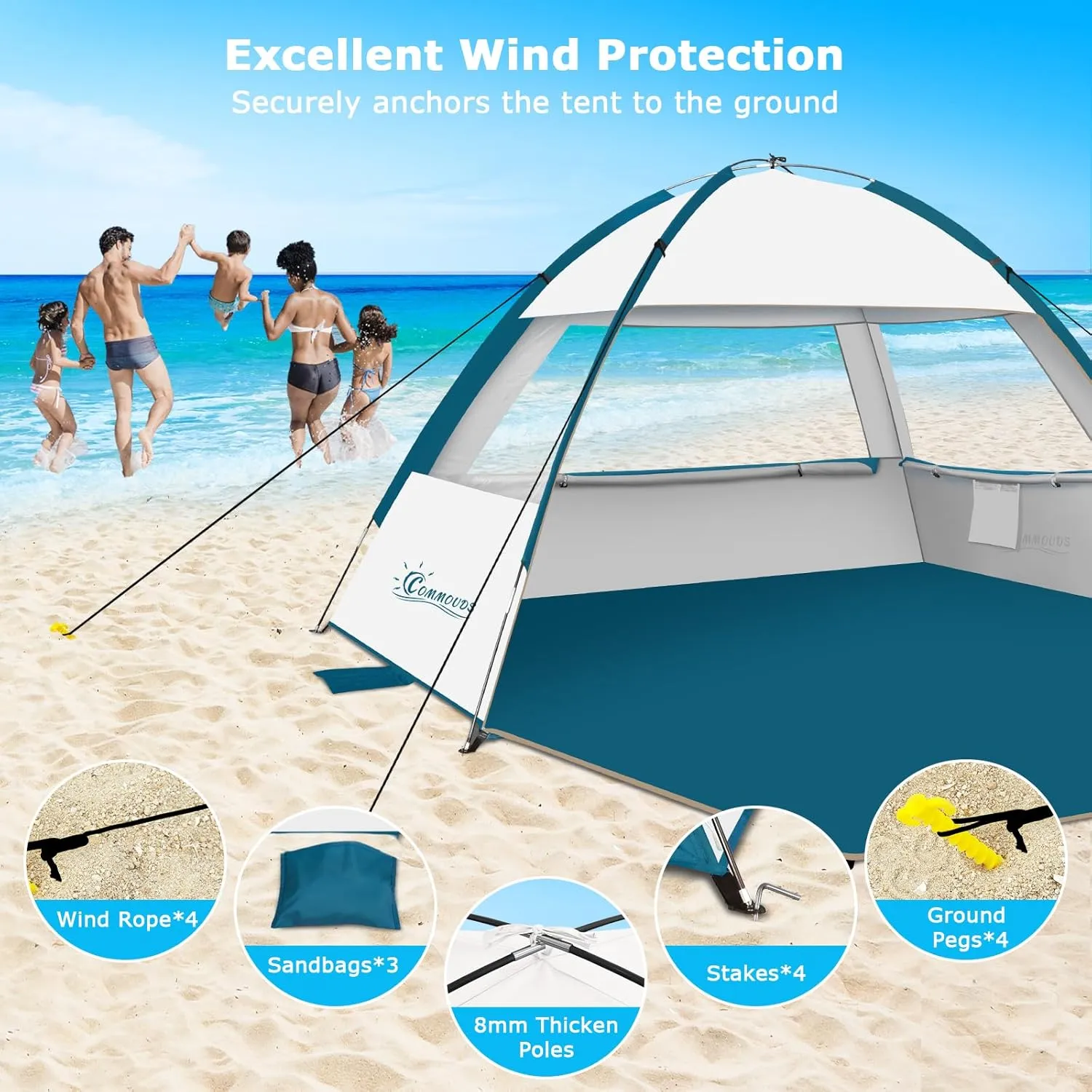 COMMOUDS Beach Tent Sun Shade for 3/4-5/6-7/8-10 Person, UPF 50  Beach Sun Shelter Canopy Tent, Lightweight, Easy Set Up and Carry