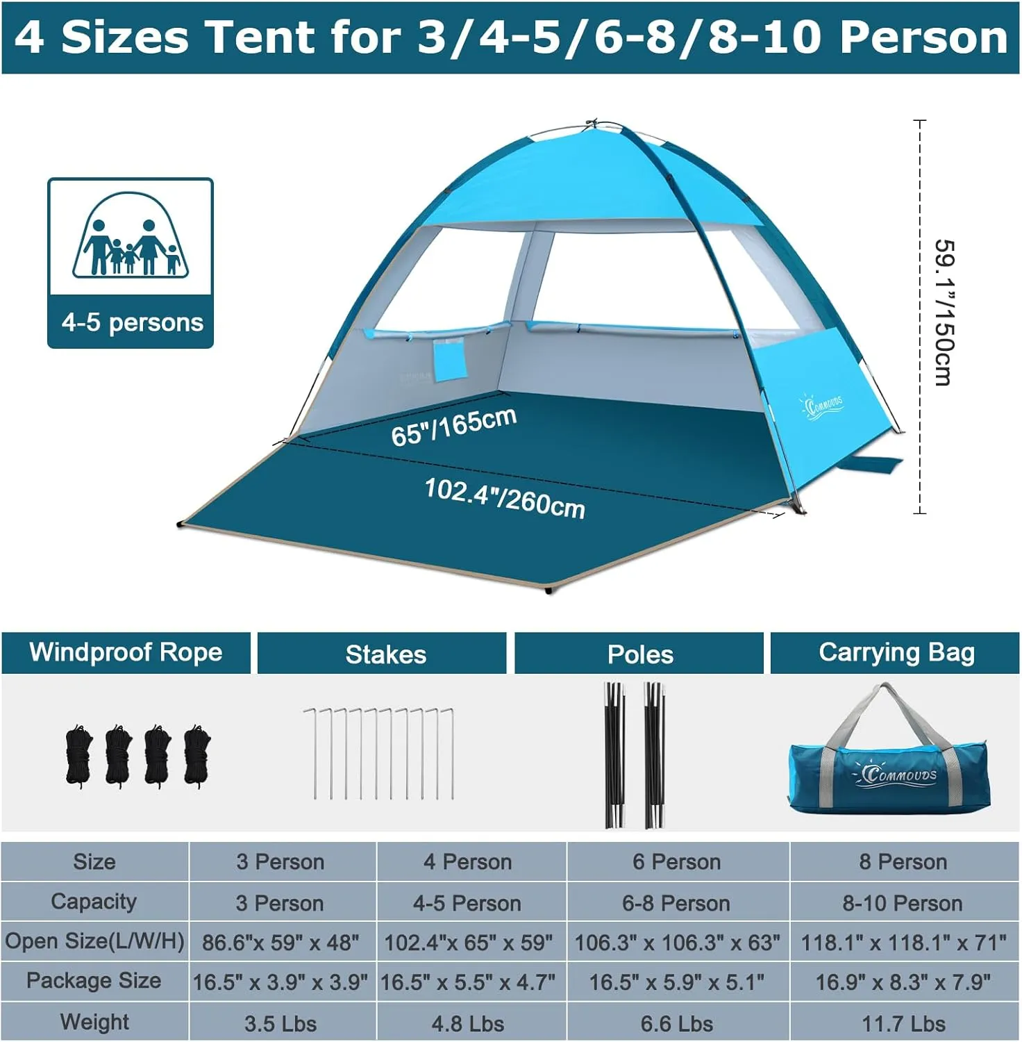 COMMOUDS Beach Tent Sun Shade for 3/4-5/6-7/8-10 Person, UPF 50  Beach Sun Shelter Canopy Tent, Lightweight, Easy Set Up and Carry