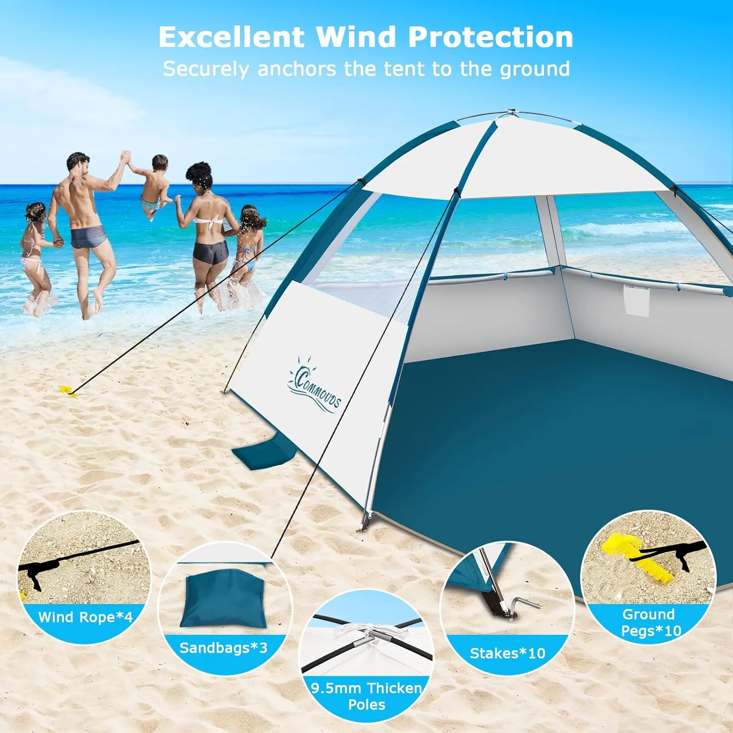 COMMOUDS Beach Tent Sun Shade for 3/4-5/6-7/8-10 Person, UPF 50  Beach Sun Shelter Canopy Tent, Lightweight, Easy Set Up and Carry