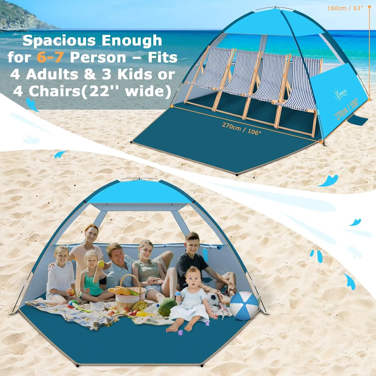 COMMOUDS Beach Tent Sun Shade for 3/4-5/6-7/8-10 Person, UPF 50  Beach Sun Shelter Canopy Tent, Lightweight, Easy Set Up and Carry