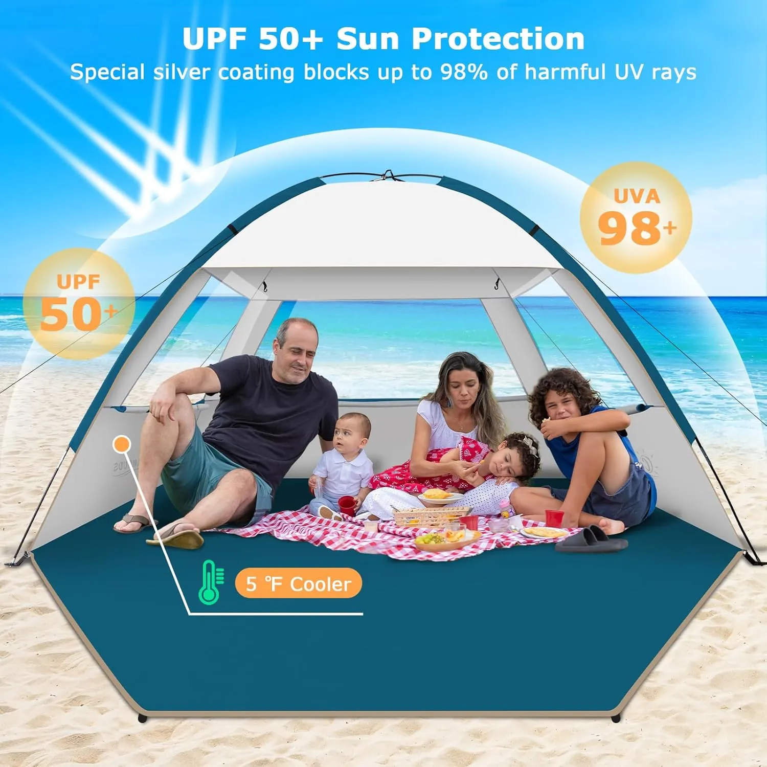 COMMOUDS Beach Tent Sun Shade for 3/4-5/6-7/8-10 Person, UPF 50  Beach Sun Shelter Canopy Tent, Lightweight, Easy Set Up and Carry