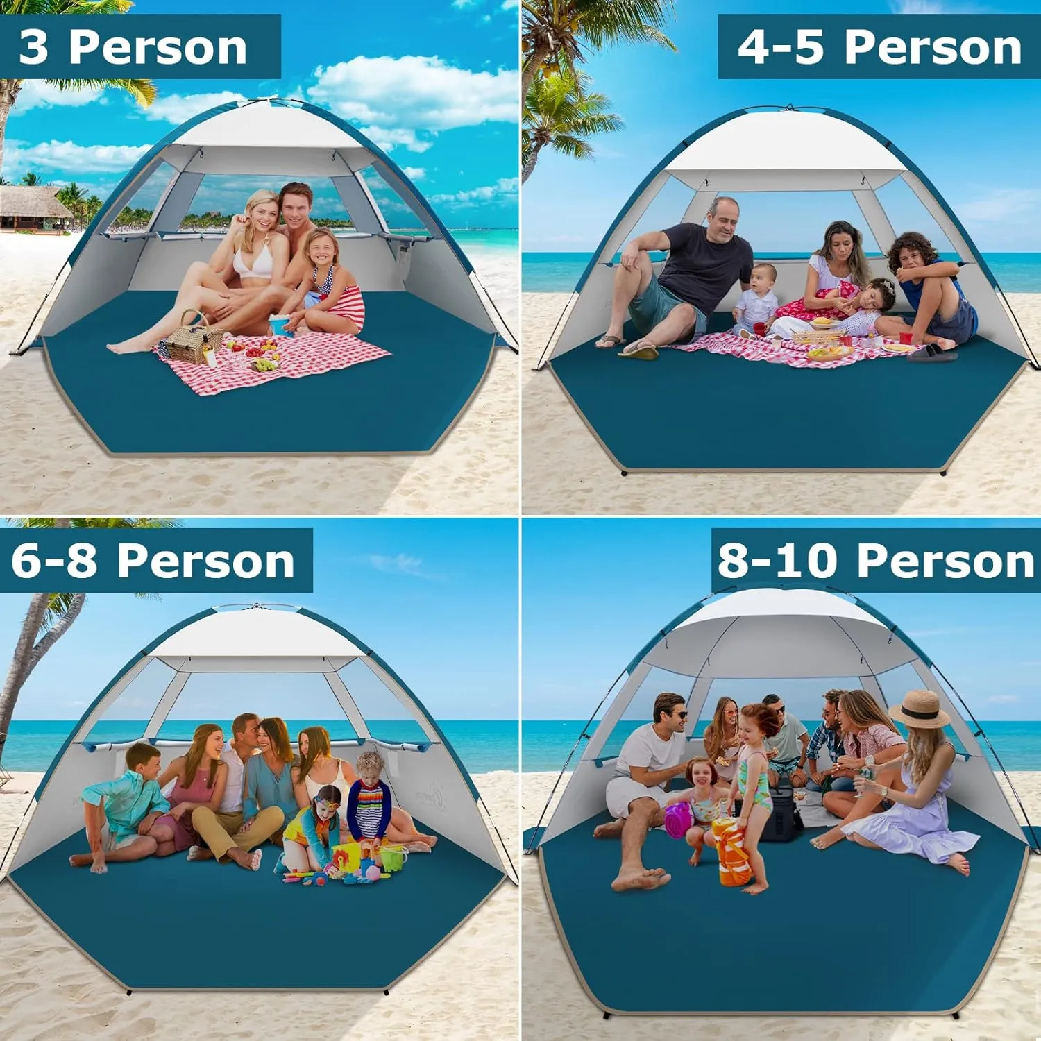 COMMOUDS Beach Tent Sun Shade for 3/4-5/6-7/8-10 Person, UPF 50  Beach Sun Shelter Canopy Tent, Lightweight, Easy Set Up and Carry