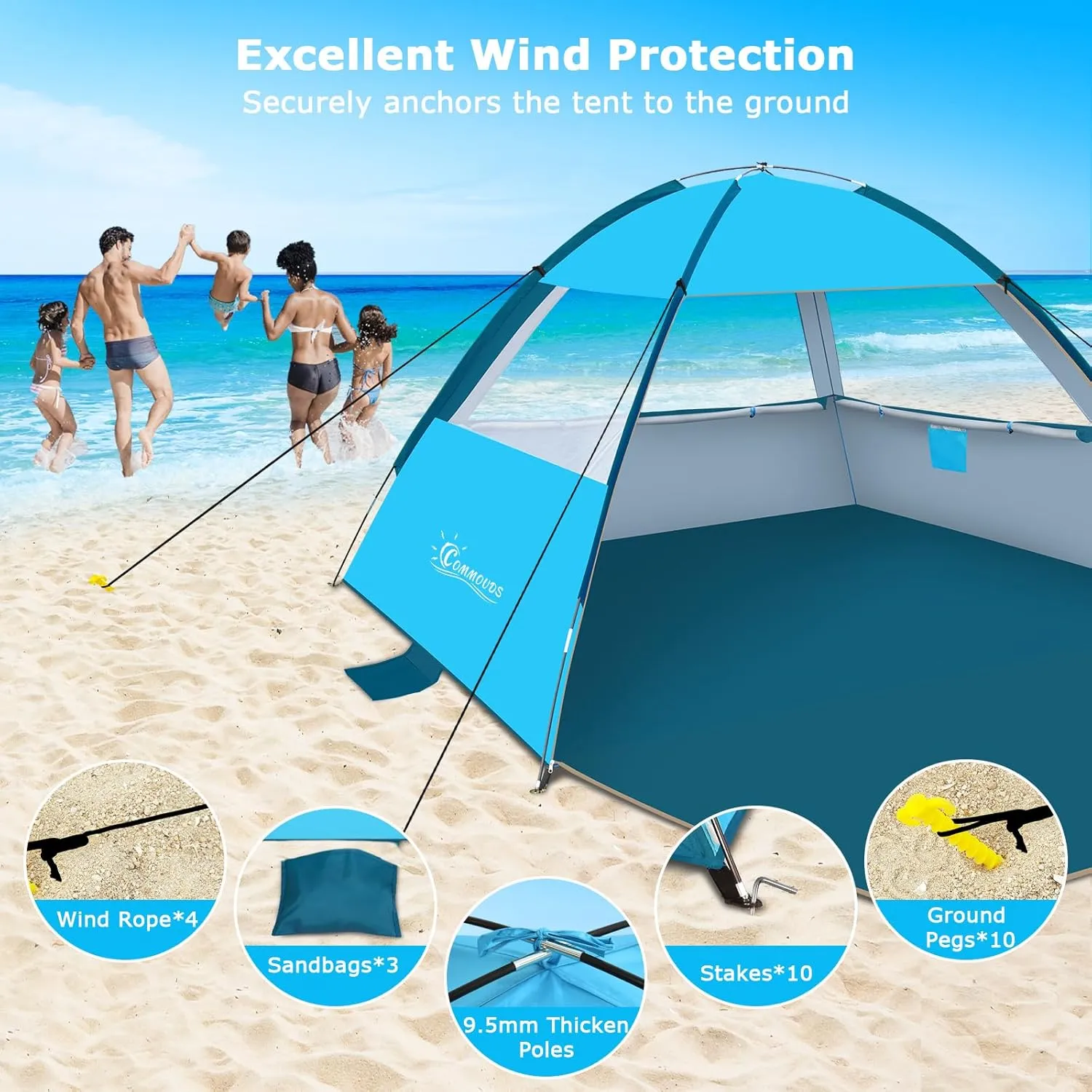 COMMOUDS Beach Tent Sun Shade for 3/4-5/6-7/8-10 Person, UPF 50  Beach Sun Shelter Canopy Tent, Lightweight, Easy Set Up and Carry