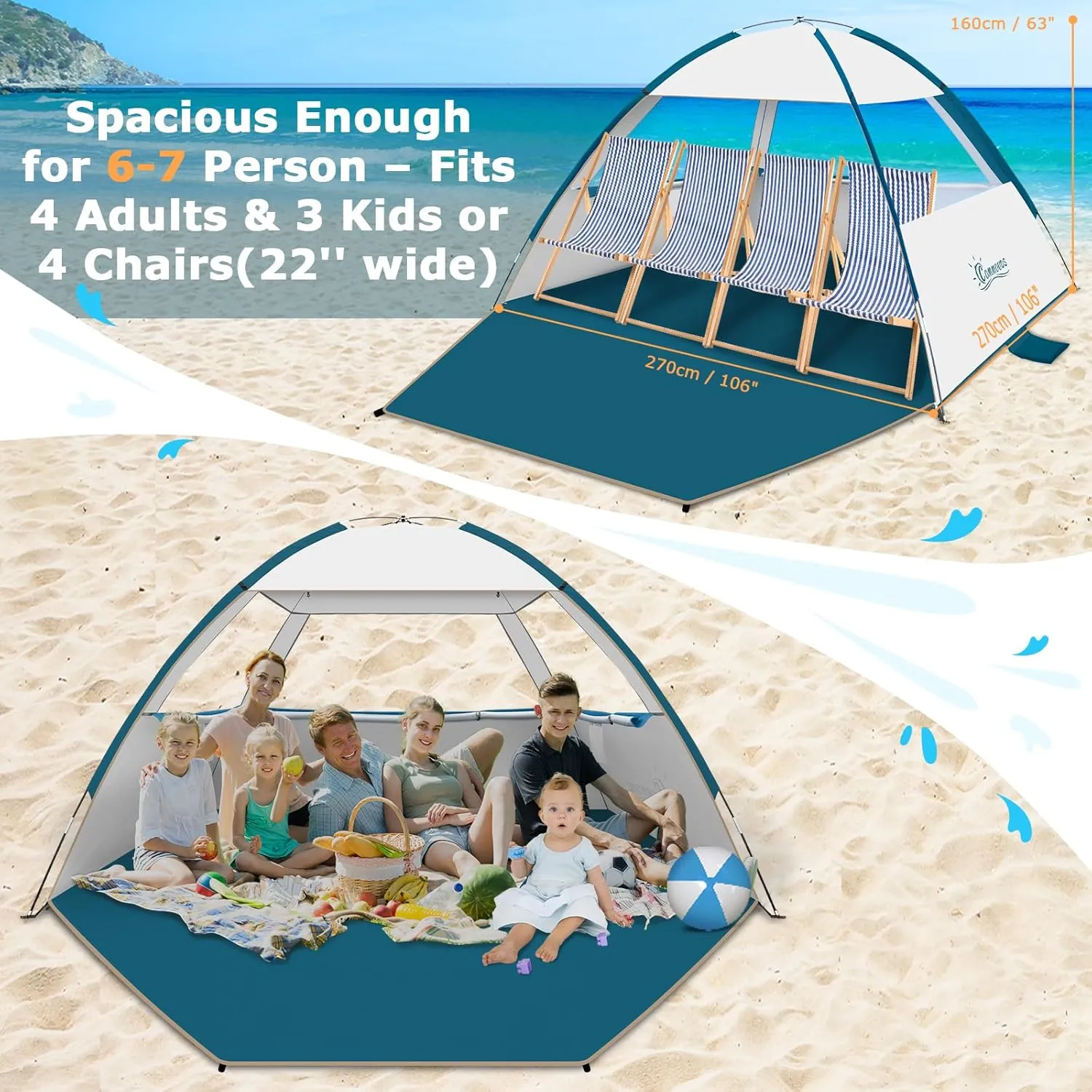 COMMOUDS Beach Tent Sun Shade for 3/4-5/6-7/8-10 Person, UPF 50  Beach Sun Shelter Canopy Tent, Lightweight, Easy Set Up and Carry