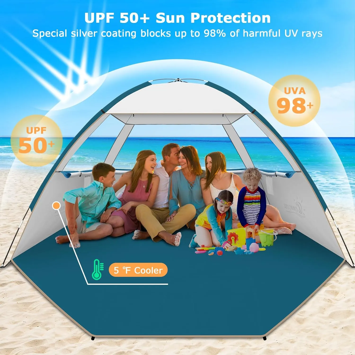 COMMOUDS Beach Tent Sun Shade for 3/4-5/6-7/8-10 Person, UPF 50  Beach Sun Shelter Canopy Tent, Lightweight, Easy Set Up and Carry