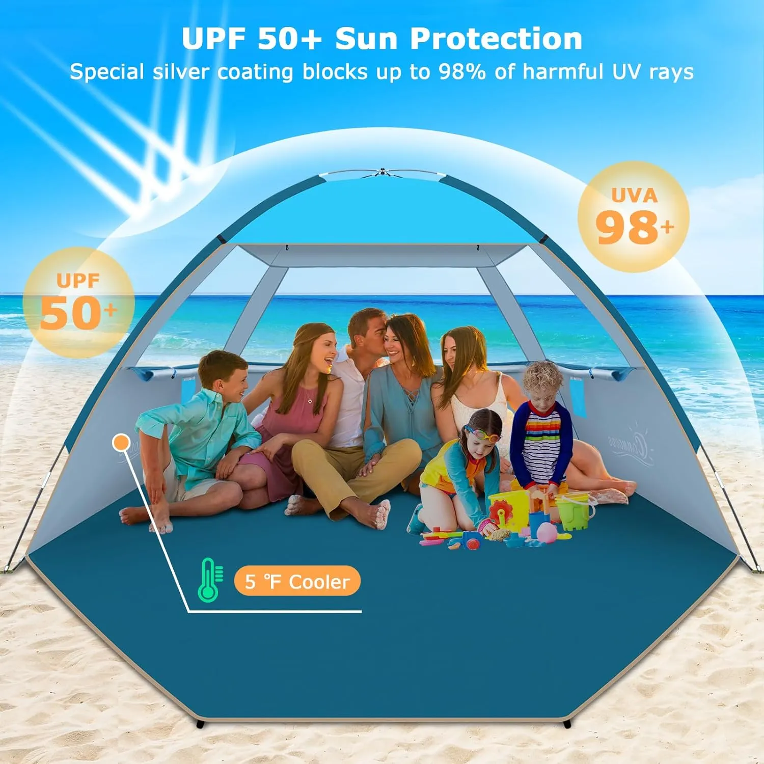 COMMOUDS Beach Tent Sun Shade for 3/4-5/6-7/8-10 Person, UPF 50  Beach Sun Shelter Canopy Tent, Lightweight, Easy Set Up and Carry