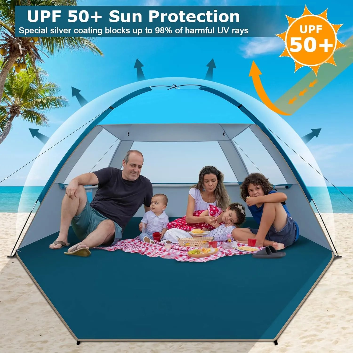 COMMOUDS Beach Tent Sun Shade for 3/4-5/6-7/8-10 Person, UPF 50  Beach Sun Shelter Canopy Tent, Lightweight, Easy Set Up and Carry