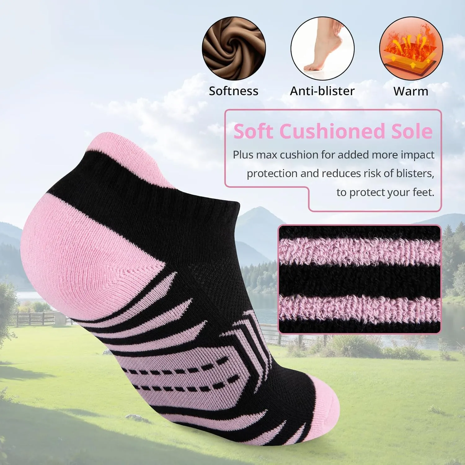 COOPLUS Ankle Socks Womens Athletic Cushioned Anti-Blister Running Cotton Low Cut Socks 6 Pairs