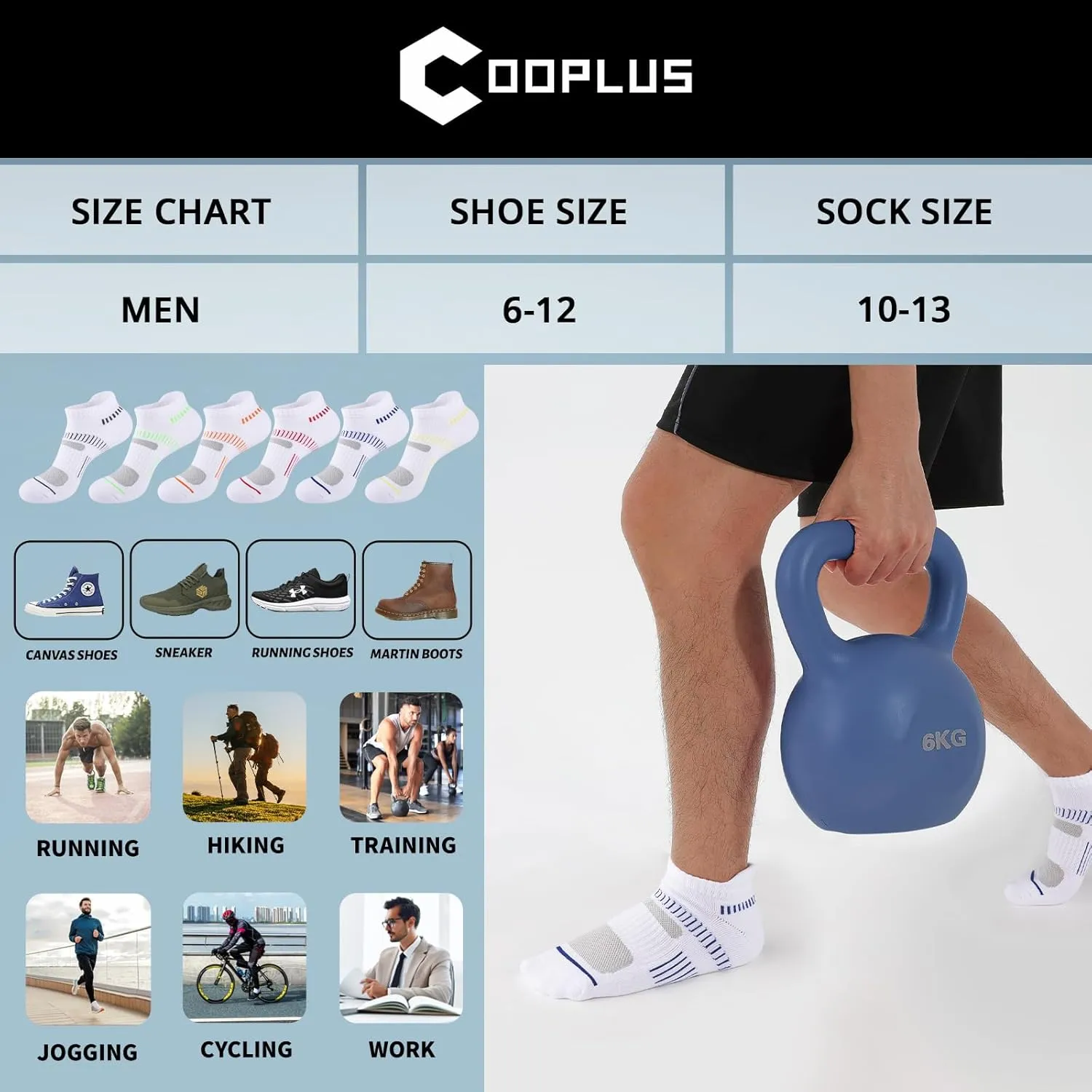 Cooplus Mens Cotton Athletic Ankle Socks Performance Cushioned Breathable Low Cut Tab Sock with Arch Support (6 Pairs)