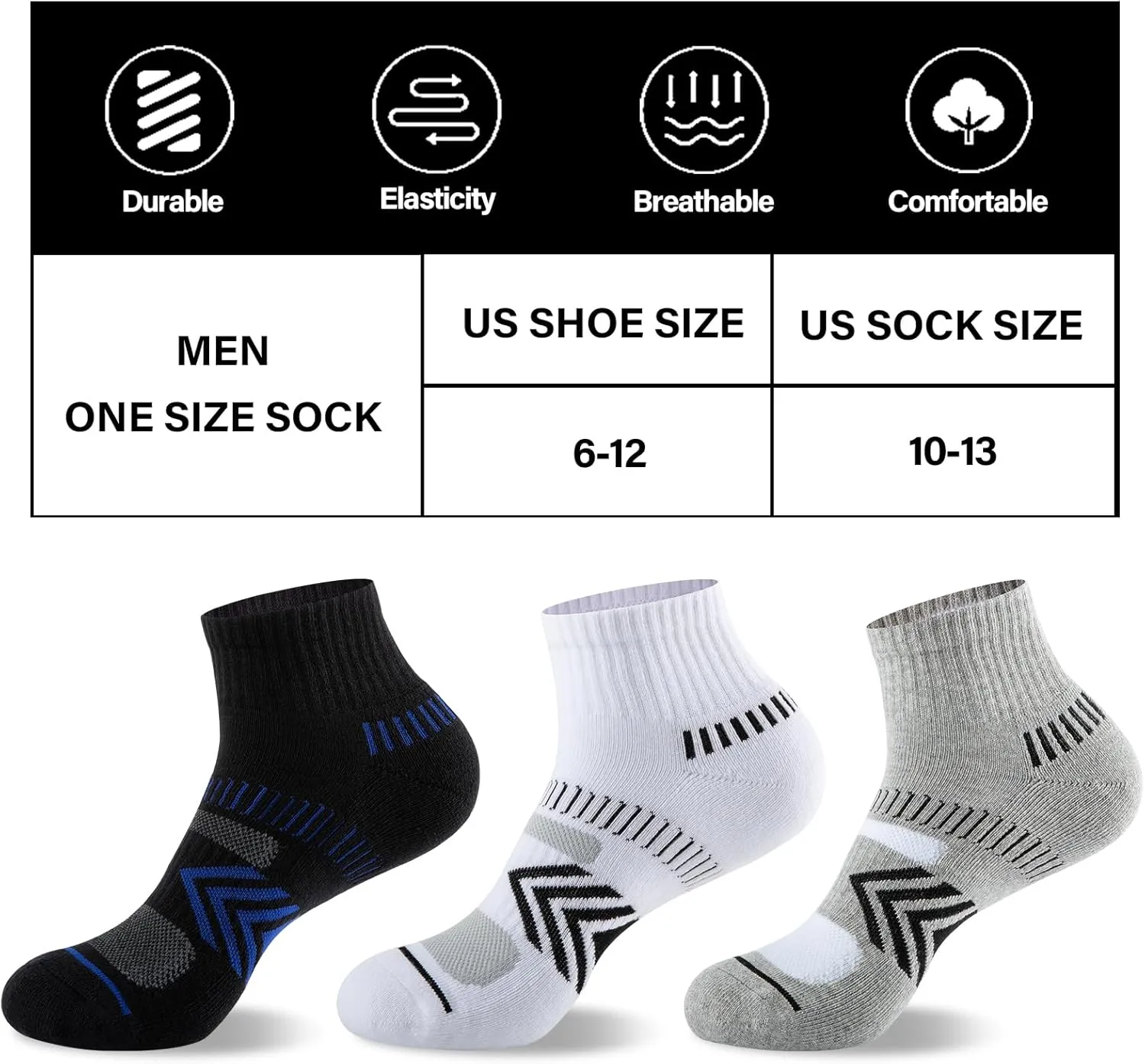 COOPLUS Mens Cushioned Ankle Socks, Cotton Athletic Performance Quarter Socks