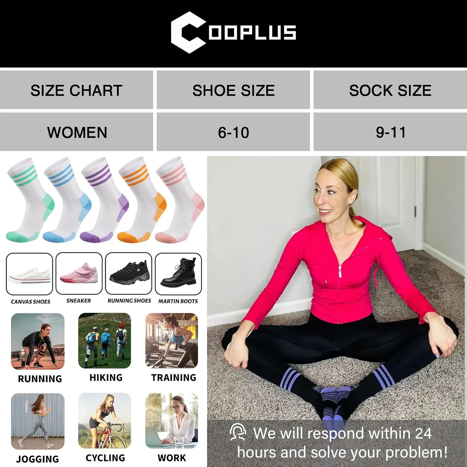 COOPLUS Womens Athletic Crew Socks 5 Pairs Outdoor Recreation Socks Performance Wicking Cushion Mid-Calf Socks