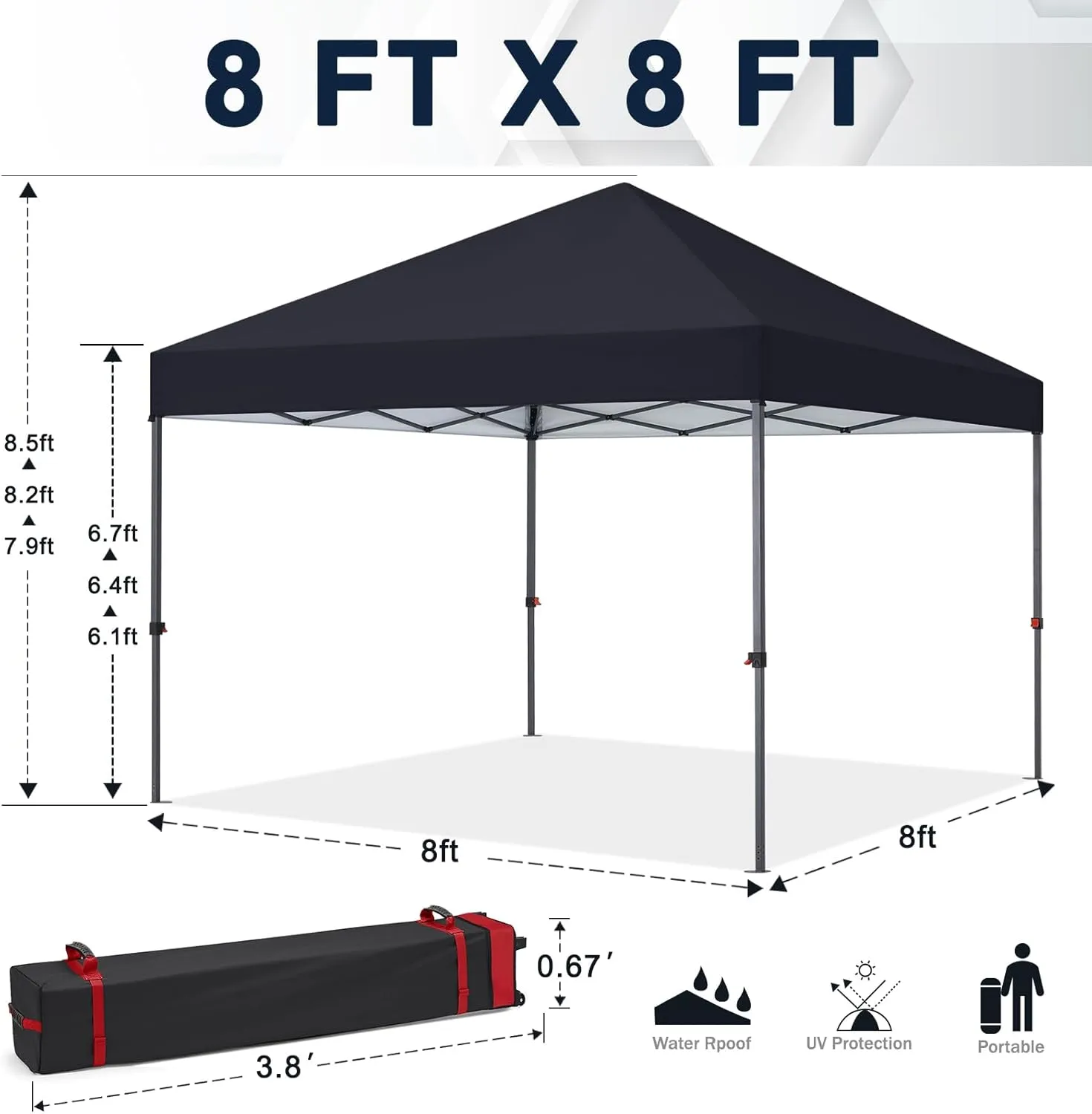 COOSHADE Easy Pop Up Canopy Tent 8X8Ft(Black)