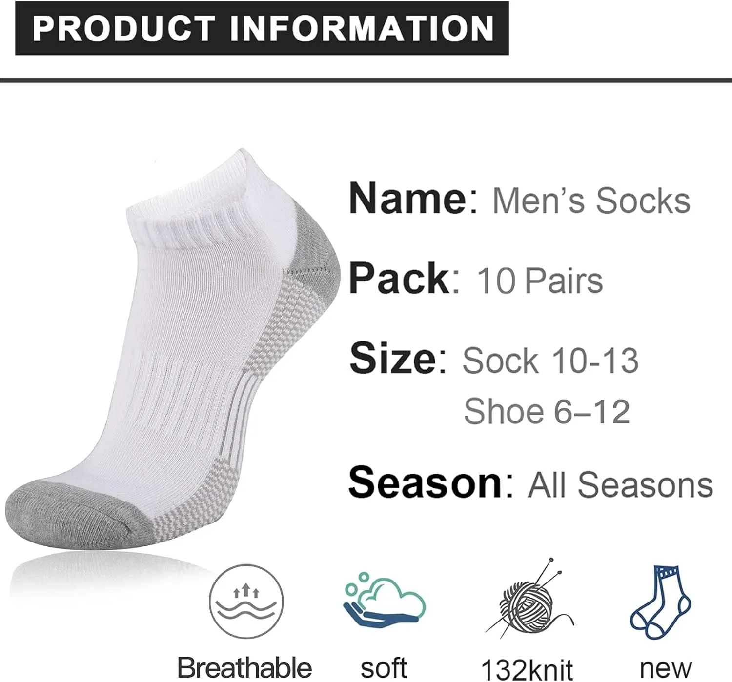 COOVAN 10 Pack Mens Ankle Low Cut Socks Athletic Cushion Casual Socks