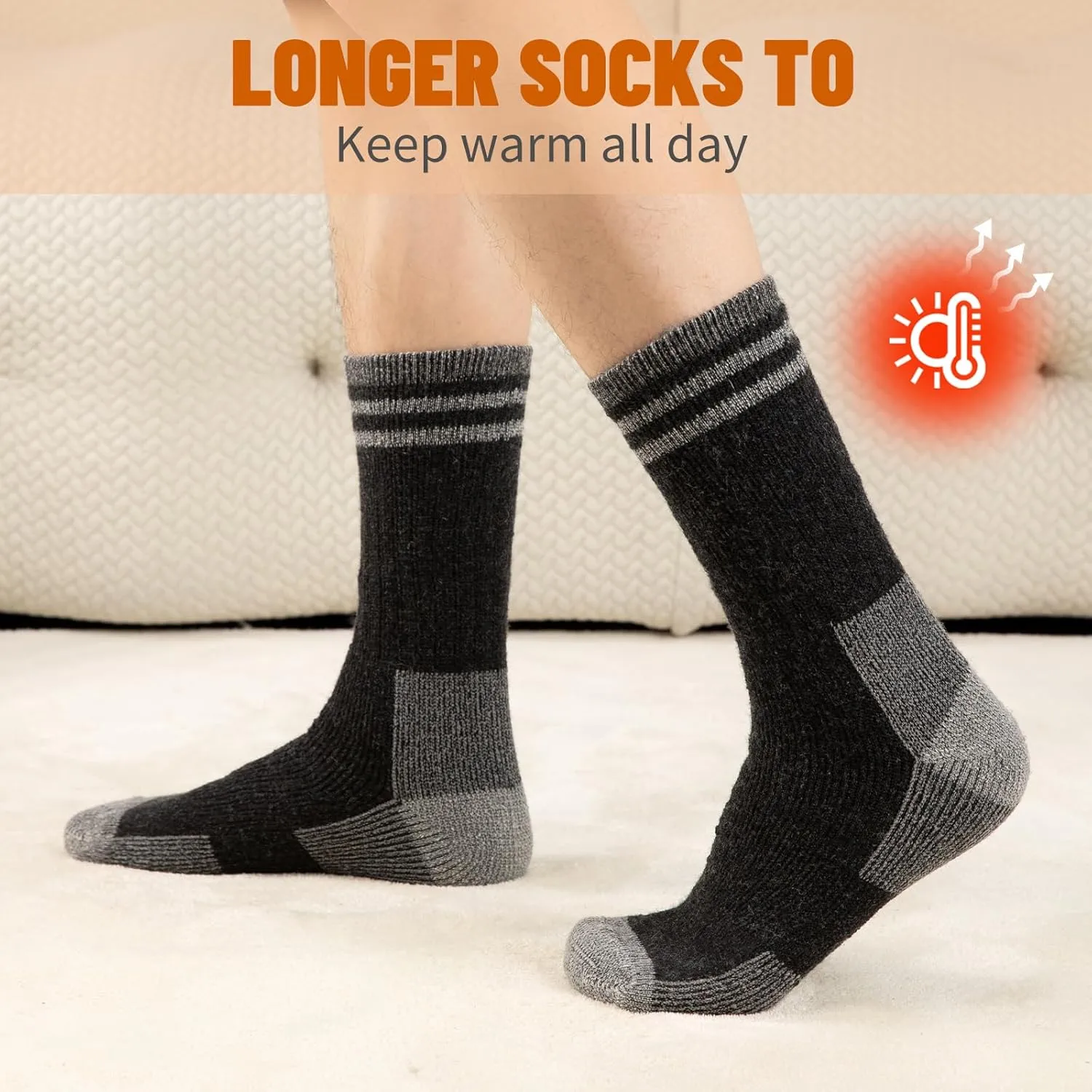 COOVAN Mens Merino Wool Crew Socks - Thermal Warm Winter Boot Socks for Cold Weather Work & Hiking - 5Pairs