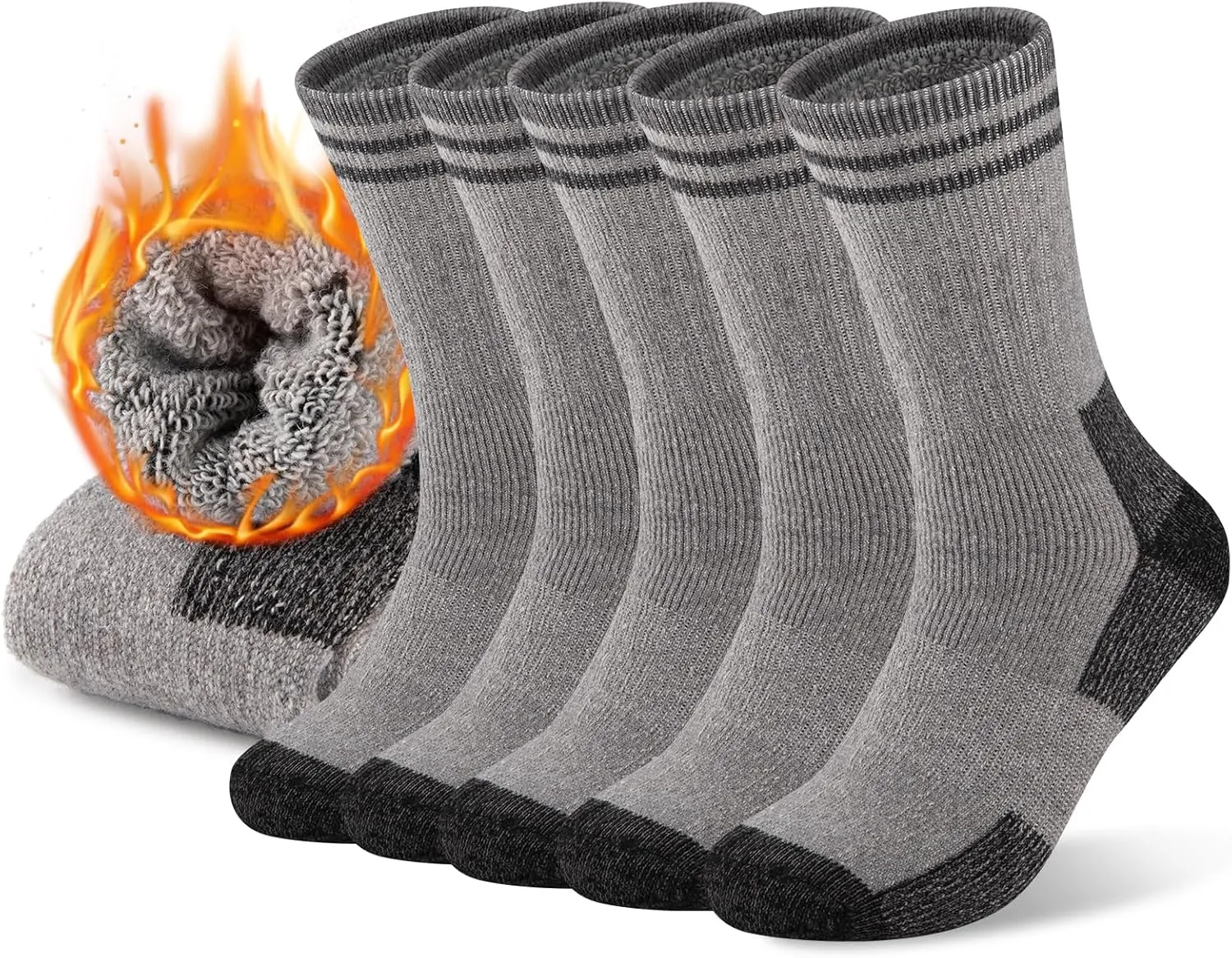 COOVAN Mens Merino Wool Crew Socks - Thermal Warm Winter Boot Socks for Cold Weather Work & Hiking - 5Pairs