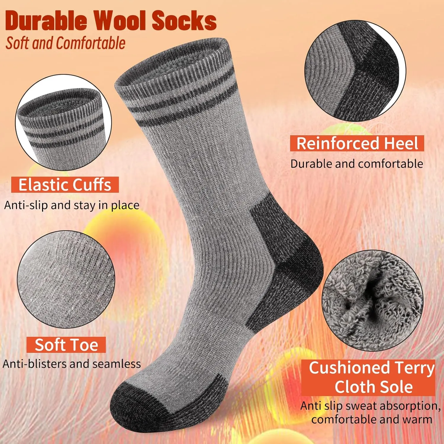 COOVAN Mens Merino Wool Crew Socks - Thermal Warm Winter Boot Socks for Cold Weather Work & Hiking - 5Pairs