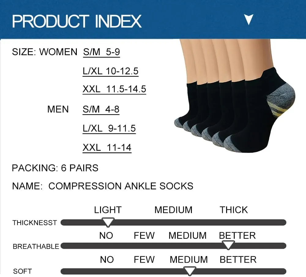 Copper Compression Socks Women and Men 6 Pairs - Circulation Arch Support Plantar Fasciitis Running Ankle Socks