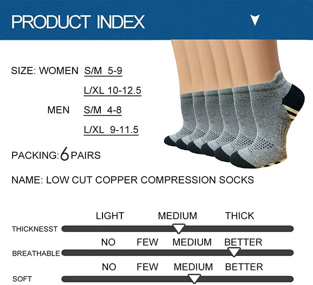 Copper Compression Socks Women and Men 6 Pairs - Circulation Arch Support Plantar Fasciitis Running Ankle Socks