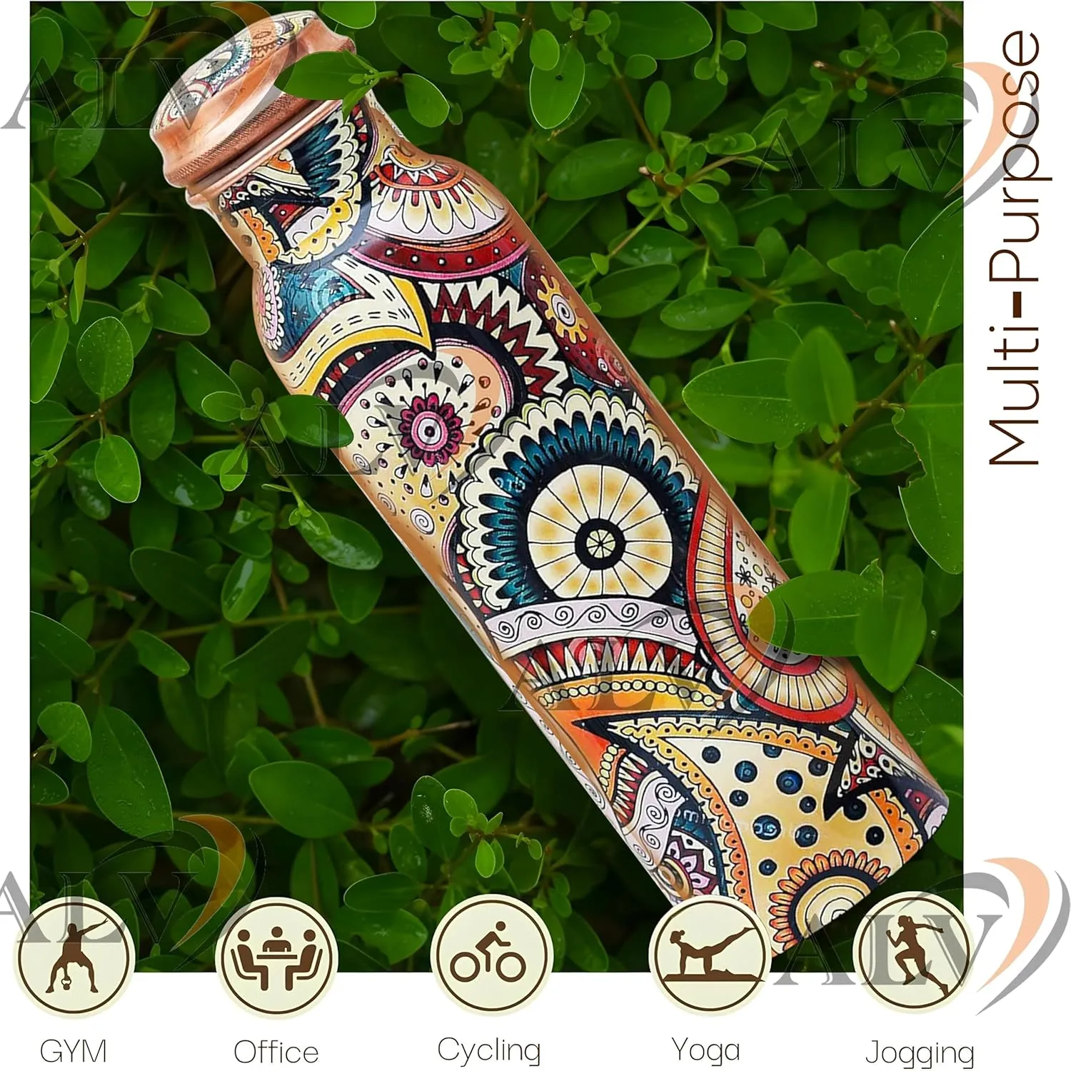 Copper Water Bottle for Drinking Hammered Ayurvedic Pure Leak Proof Lid Bottle Vessel Drinking Bottle 34 Oz for Home, Office (MULTICOLOR)