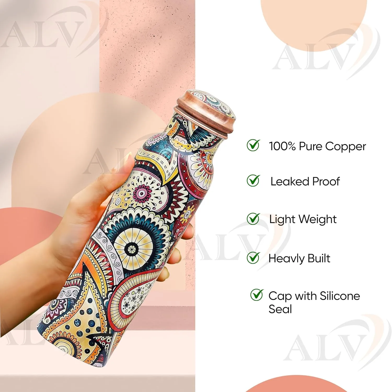 Copper Water Bottle for Drinking Hammered Ayurvedic Pure Leak Proof Lid Bottle Vessel Drinking Bottle 34 Oz for Home, Office (MULTICOLOR)