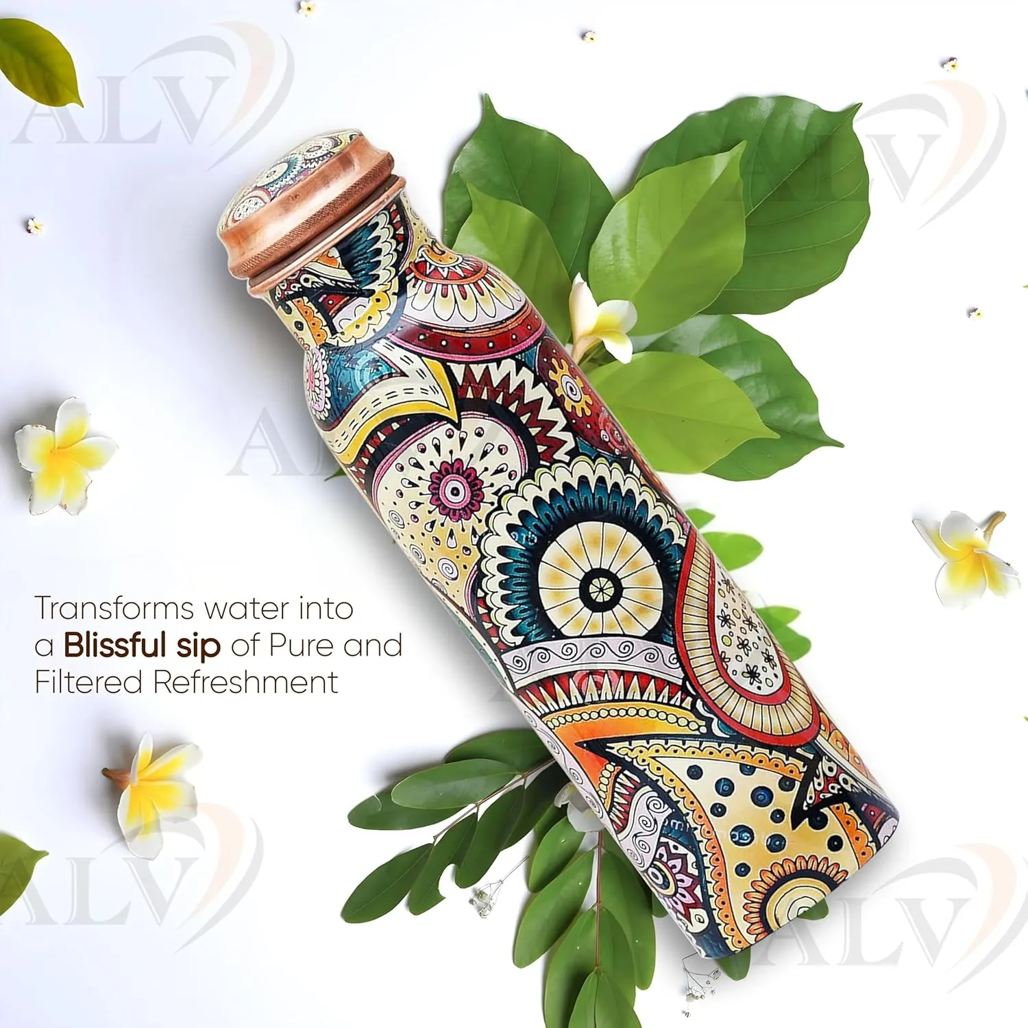 Copper Water Bottle for Drinking Hammered Ayurvedic Pure Leak Proof Lid Bottle Vessel Drinking Bottle 34 Oz for Home, Office (MULTICOLOR)