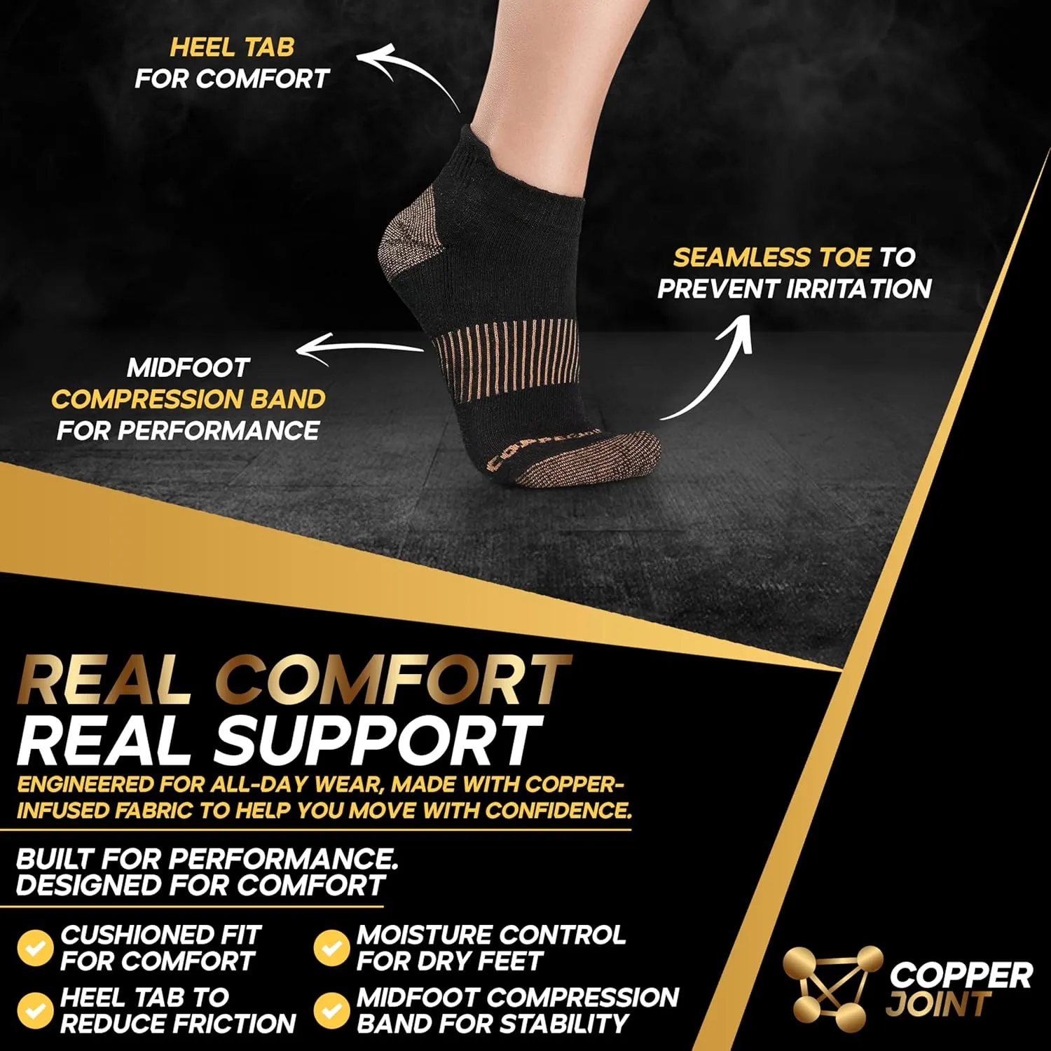 CopperJoint Black Ankle Compression Socks for Women- Breathable Copper Compression Socks Men, Low Cut Sock With Arch Support